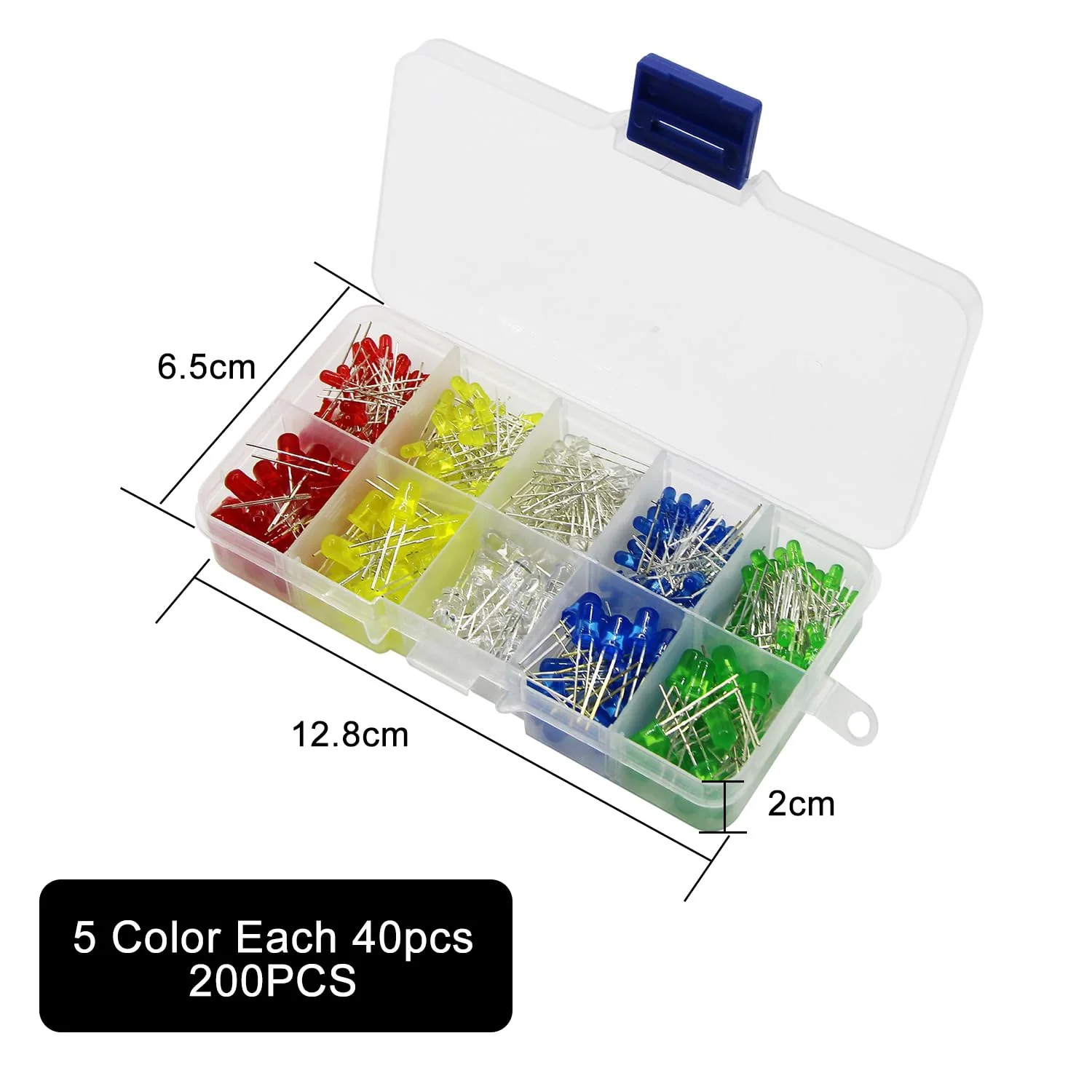 AQSQWQ Pack of 200 LED Light Emitting Diodes 5 mm LED Diodes 3 V Light Emitting Diode Assortment Kit 5 Colours Red Blue Yellow Green White Round Head 2 Pin Extra Bright LED Light, Diffuse Diodes Set - Image 2