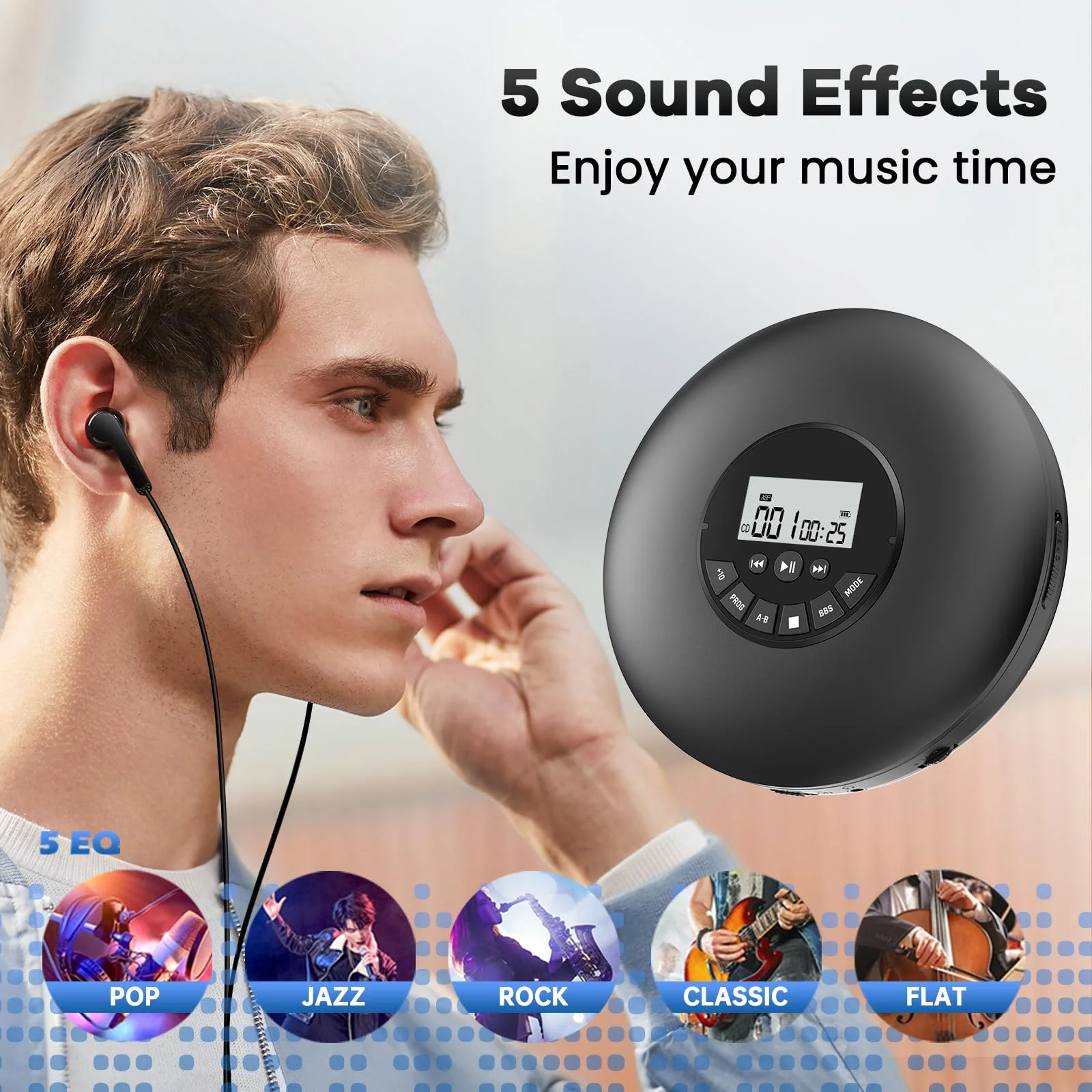 Arafuna Portable CD Player-Compact Discman CD Player-Personal Music Player with CD-R & CD-RW Playback Anti-Skip Protection, Programmable Tracks - Earphones Included Black - Image 2