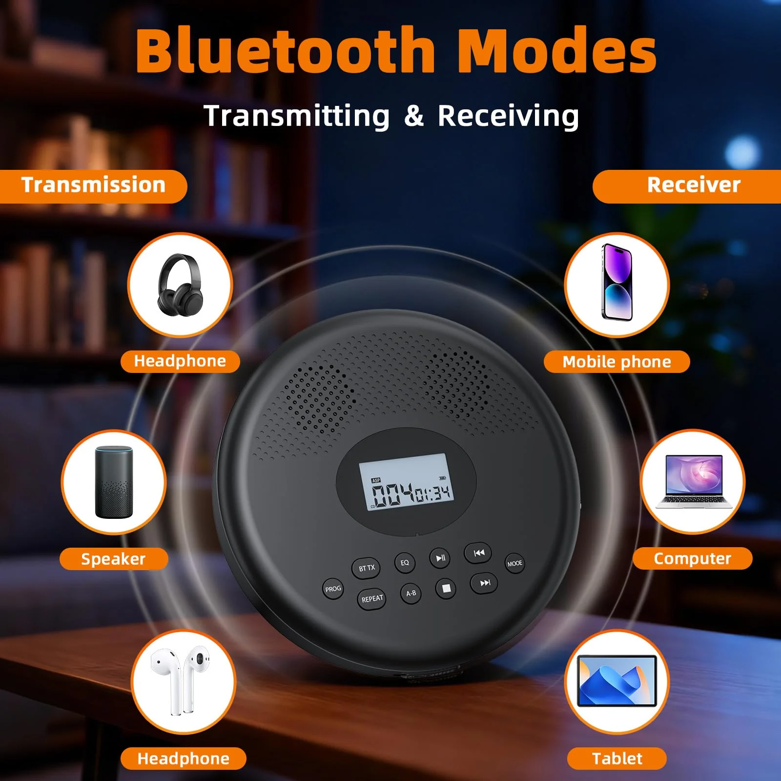 Arafuna Portable CD Player with Bluetooth, Rechargeable CD Player for Car/Home with Headphones, Anti-Skip, LCD Display, AUX/TF Card Port (Black) Black - Image 3