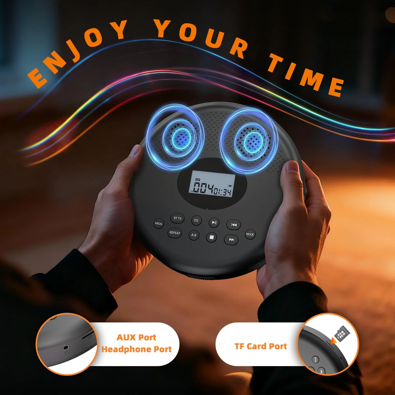 Arafuna Portable CD Player with Bluetooth, Rechargeable CD Player for Car/Home with Headphones, Anti-Skip, LCD Display, AUX/TF Card Port (Black) Black - Image 5