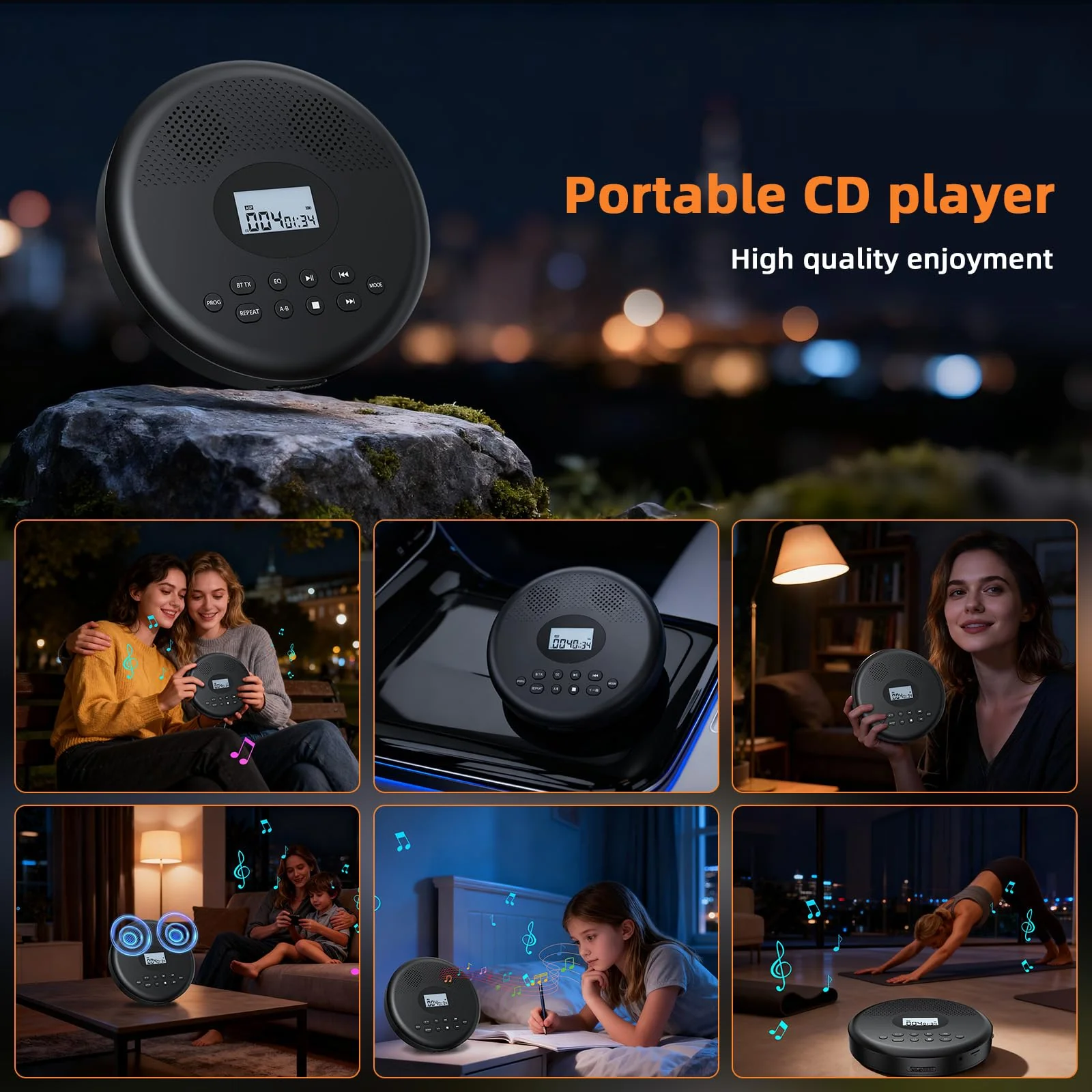Arafuna Portable CD Player with Bluetooth, Rechargeable CD Player for Car/Home with Headphones, Anti-Skip, LCD Display, AUX/TF Card Port (Black) Black - Image 7