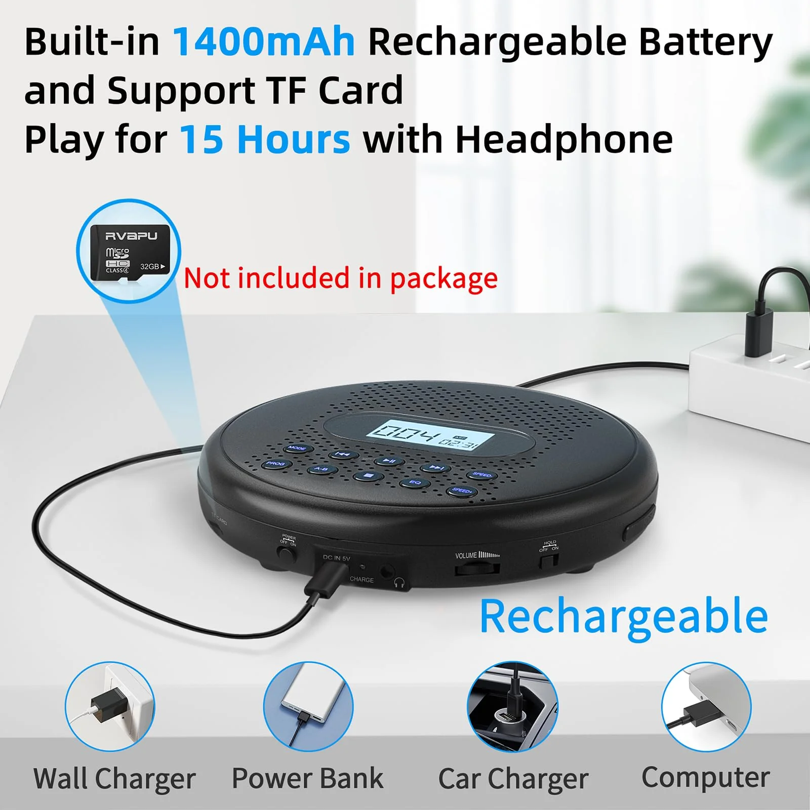 ARAFUNA Portable CD Player with Dual Stereo Speakers, Rechargeable CD Player for Car with Anti-Skip Protection, Headphones and AUX Cable Backlight Buttons Black - Image 3