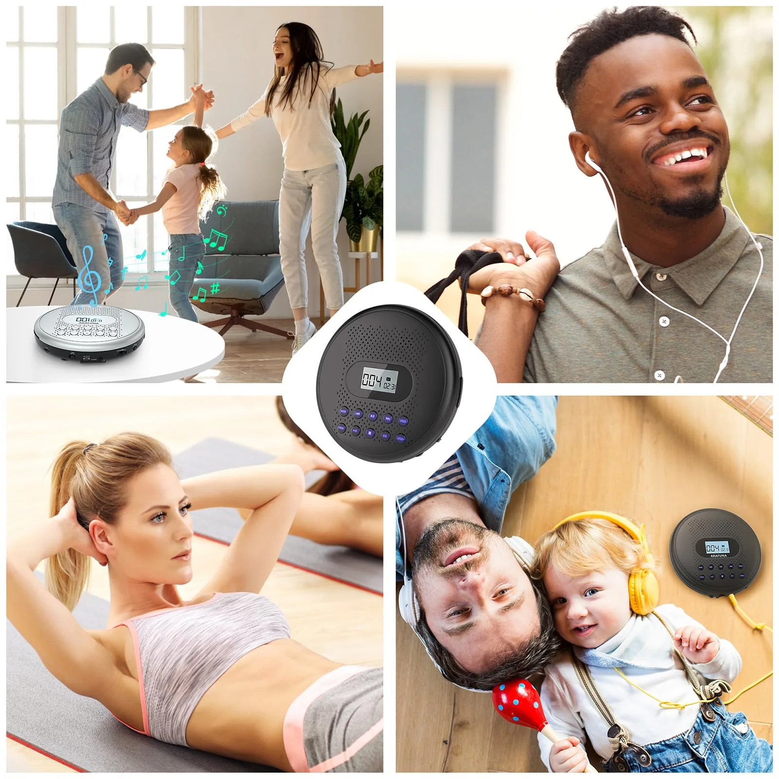 ARAFUNA Portable CD Player with Dual Stereo Speakers, Rechargeable CD Player for Car with Anti-Skip Protection, Headphones and AUX Cable Backlight Buttons Black - Image 6