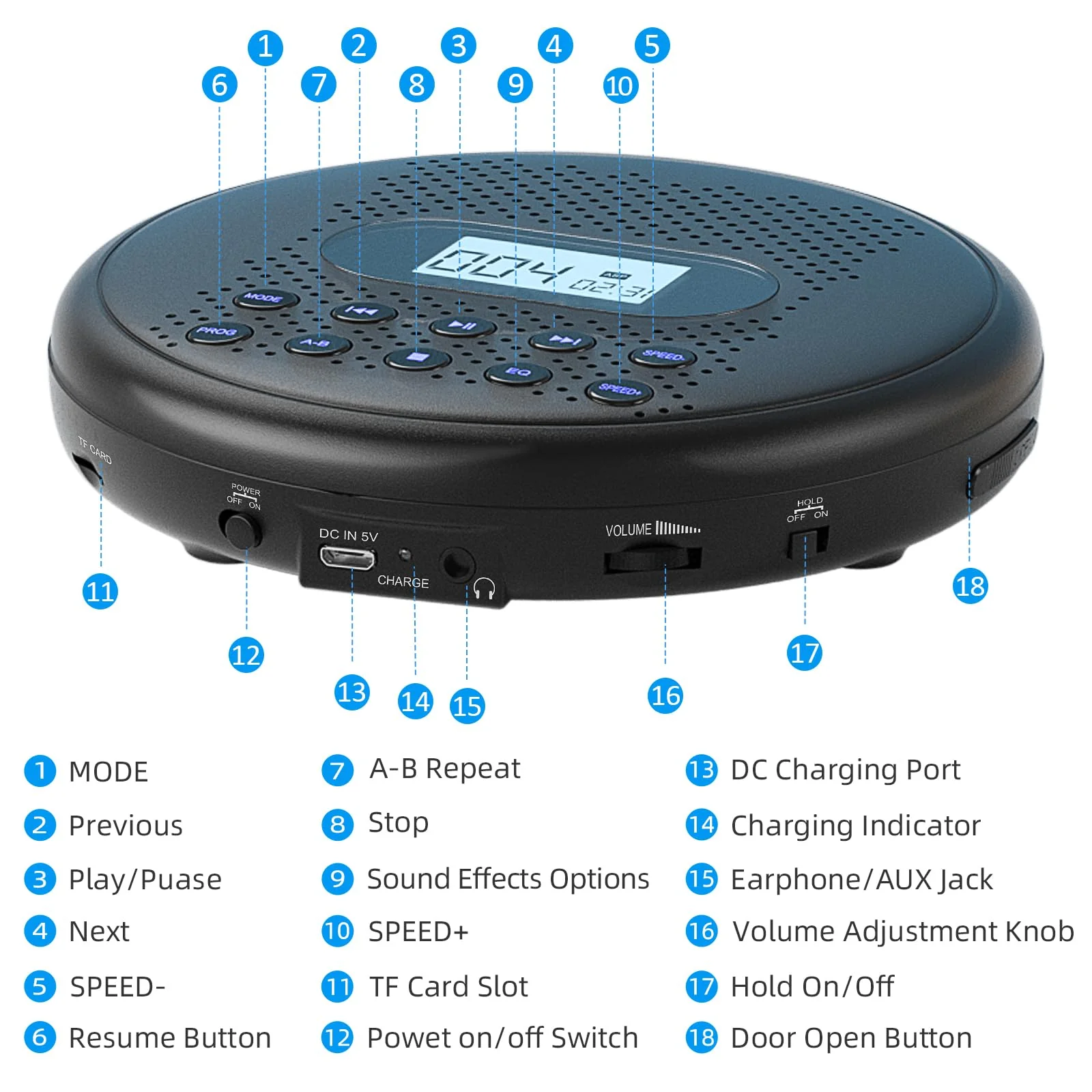 ARAFUNA Portable CD Player with Dual Stereo Speakers, Rechargeable CD Player for Car with Anti-Skip Protection, Headphones and AUX Cable Backlight Buttons Black - Image 7