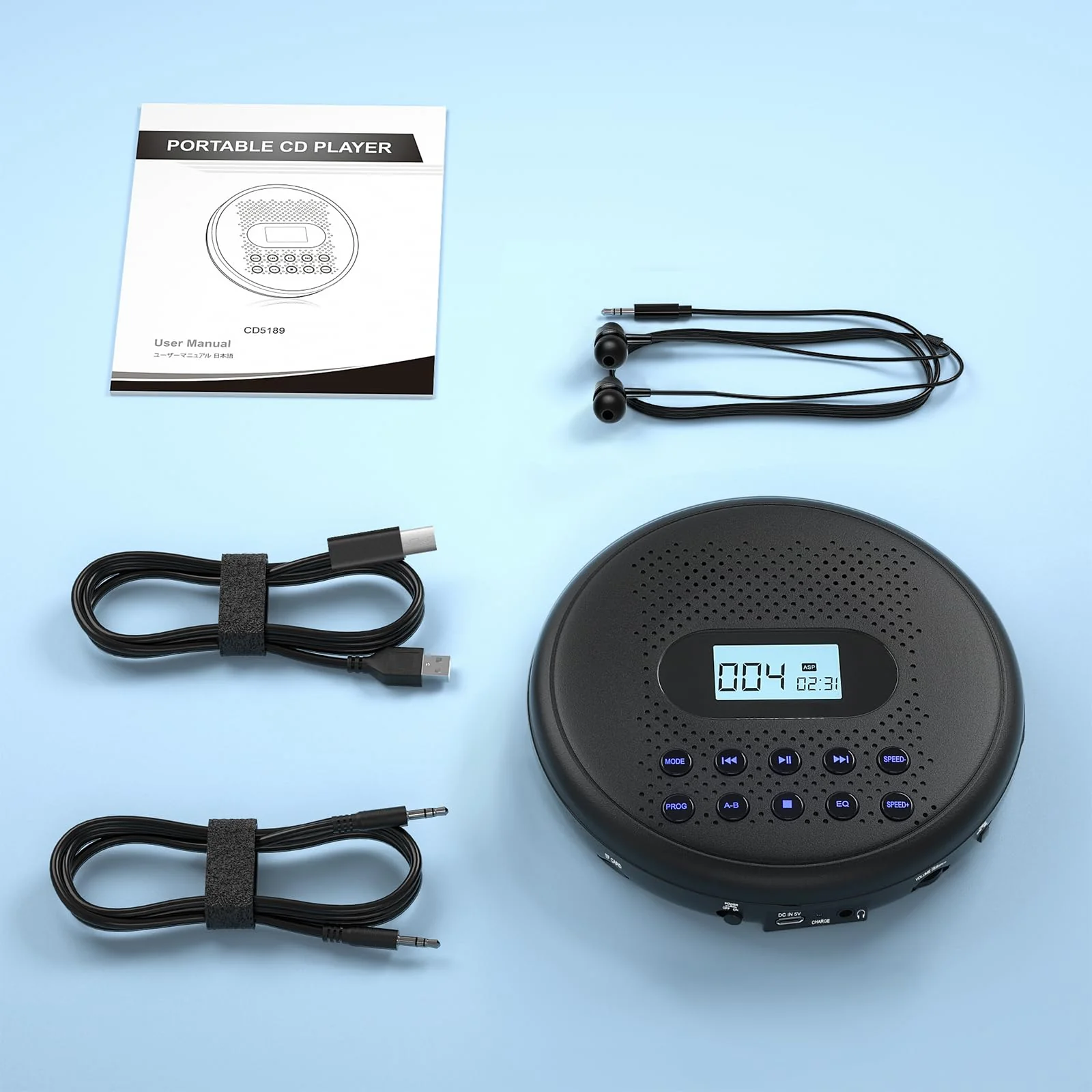 ARAFUNA Portable CD Player with Dual Stereo Speakers, Rechargeable CD Player for Car with Anti-Skip Protection, Headphones and AUX Cable Backlight Buttons Black - Image 8