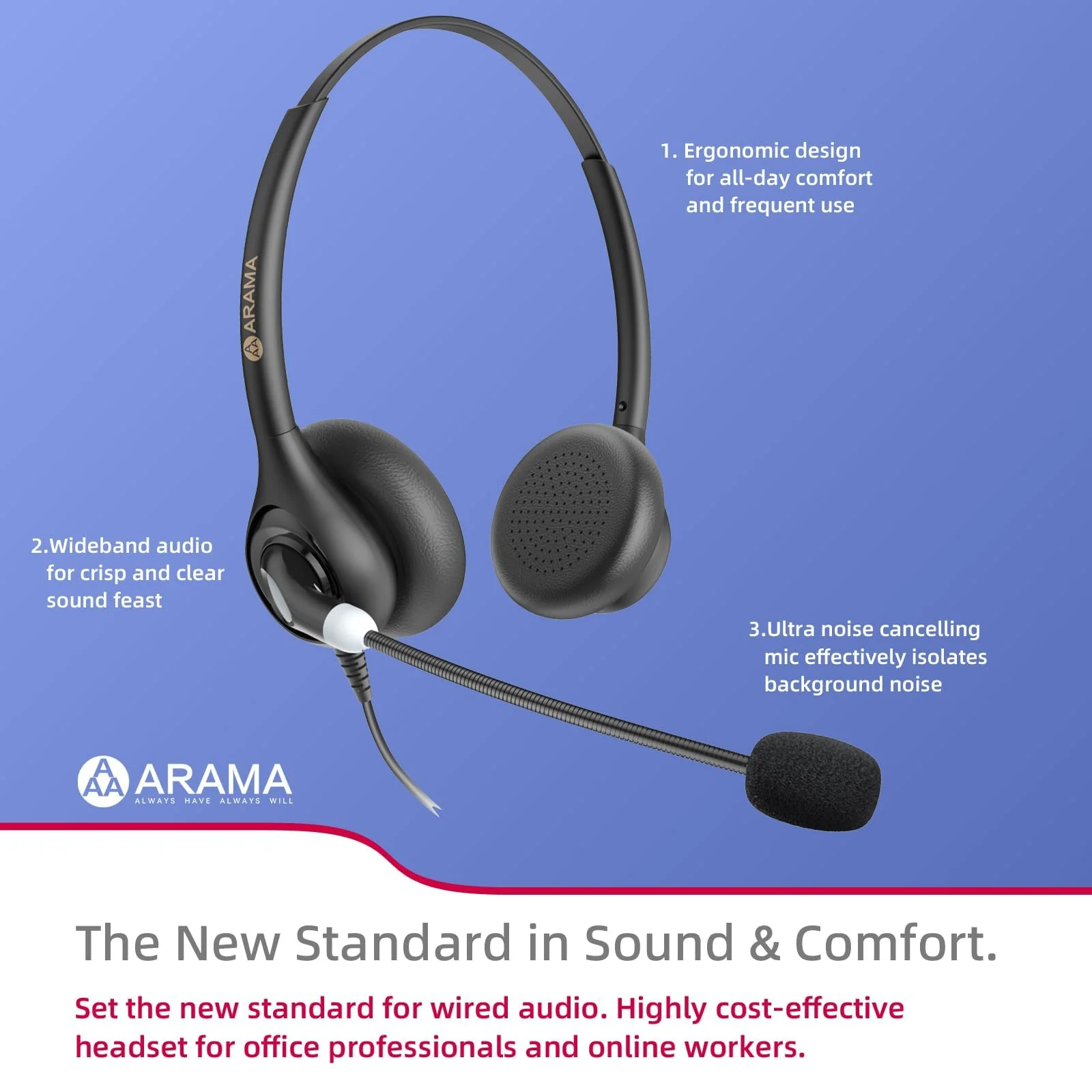 Arama Cordless Phone Headset with Microphone, 2.5mm Jack Telephone Headset for Office Landline, Noise-Cancelling Mic & Volume Control, Wired Headphones Compatible with Panasonic AT&T Vtech Uniden Black - Image 2