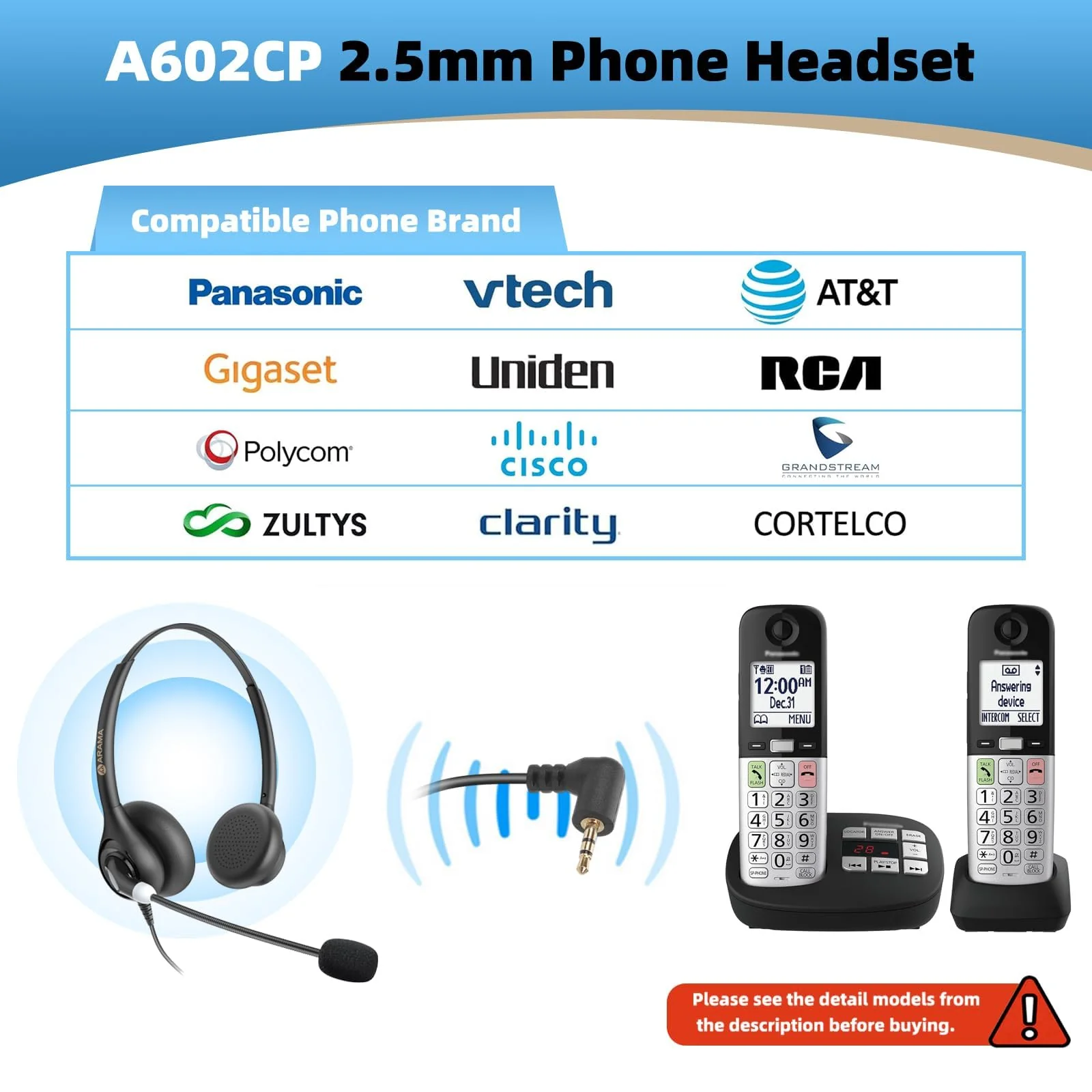 Arama Cordless Phone Headset with Microphone, 2.5mm Jack Telephone Headset for Office Landline, Noise-Cancelling Mic & Volume Control, Wired Headphones Compatible with Panasonic AT&T Vtech Uniden Black - Image 3