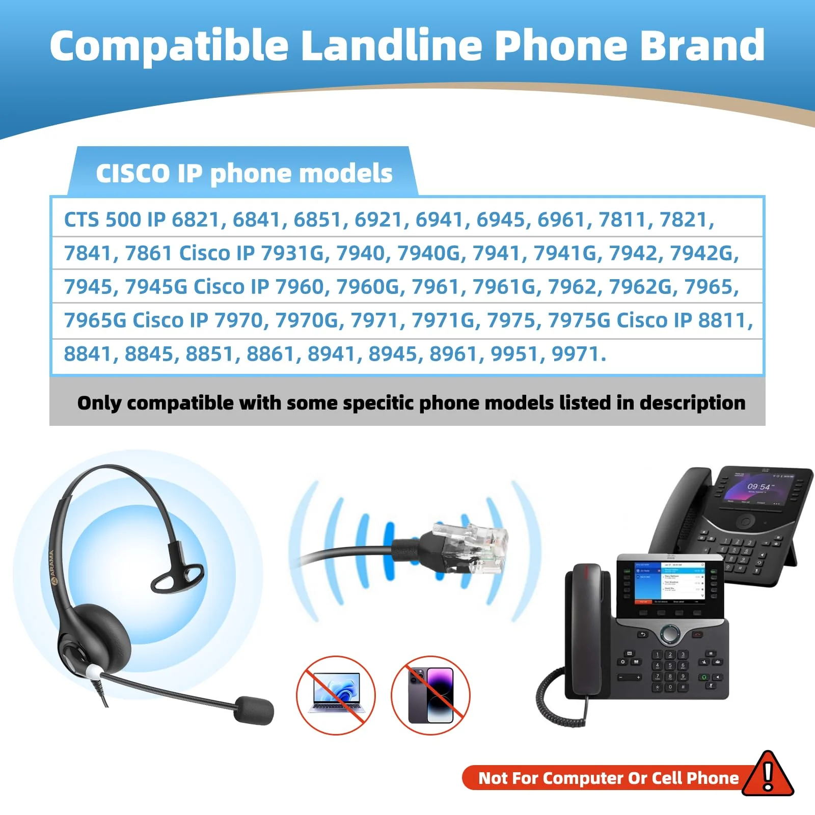 Arama Phone Headsets for Office Phones RJ600C1 RJ9 Wired Headset with Noise Canceling Mic Phones Desk Landline Headset with Microphone Compatible with Cisco Office Phone Mono-A600C - Image 3