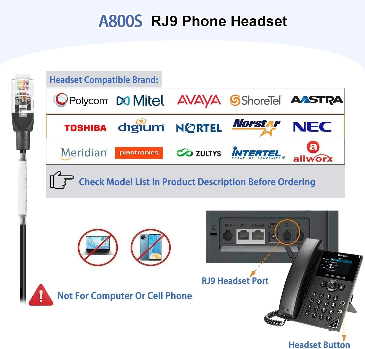 Arama RJ9 Telephone Headset with Microphone Noise Cancelling,Office Phone Headset Compatible with Polycom VVX411 VVX311 VVX410 Plantronics S12 Mitel 5220 NEC Aastra Landline Deskphones - Image 3