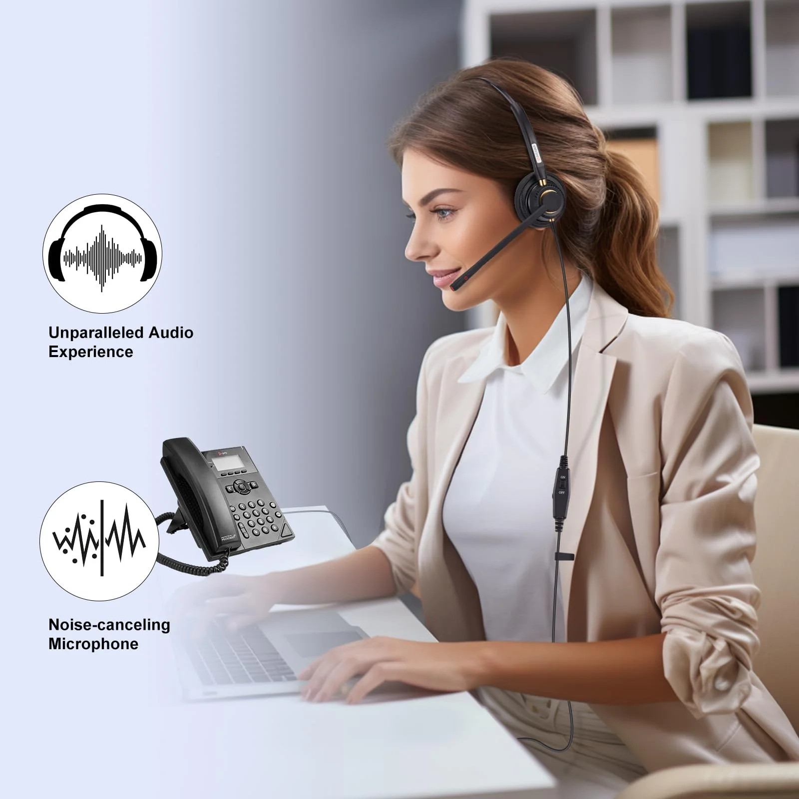 Arama RJ9 Telephone Headset with Microphone Noise Cancelling,Office Phone Headset Compatible with Polycom VVX411 VVX311 VVX410 Plantronics S12 Mitel 5220 NEC Aastra Landline Deskphones - Image 6