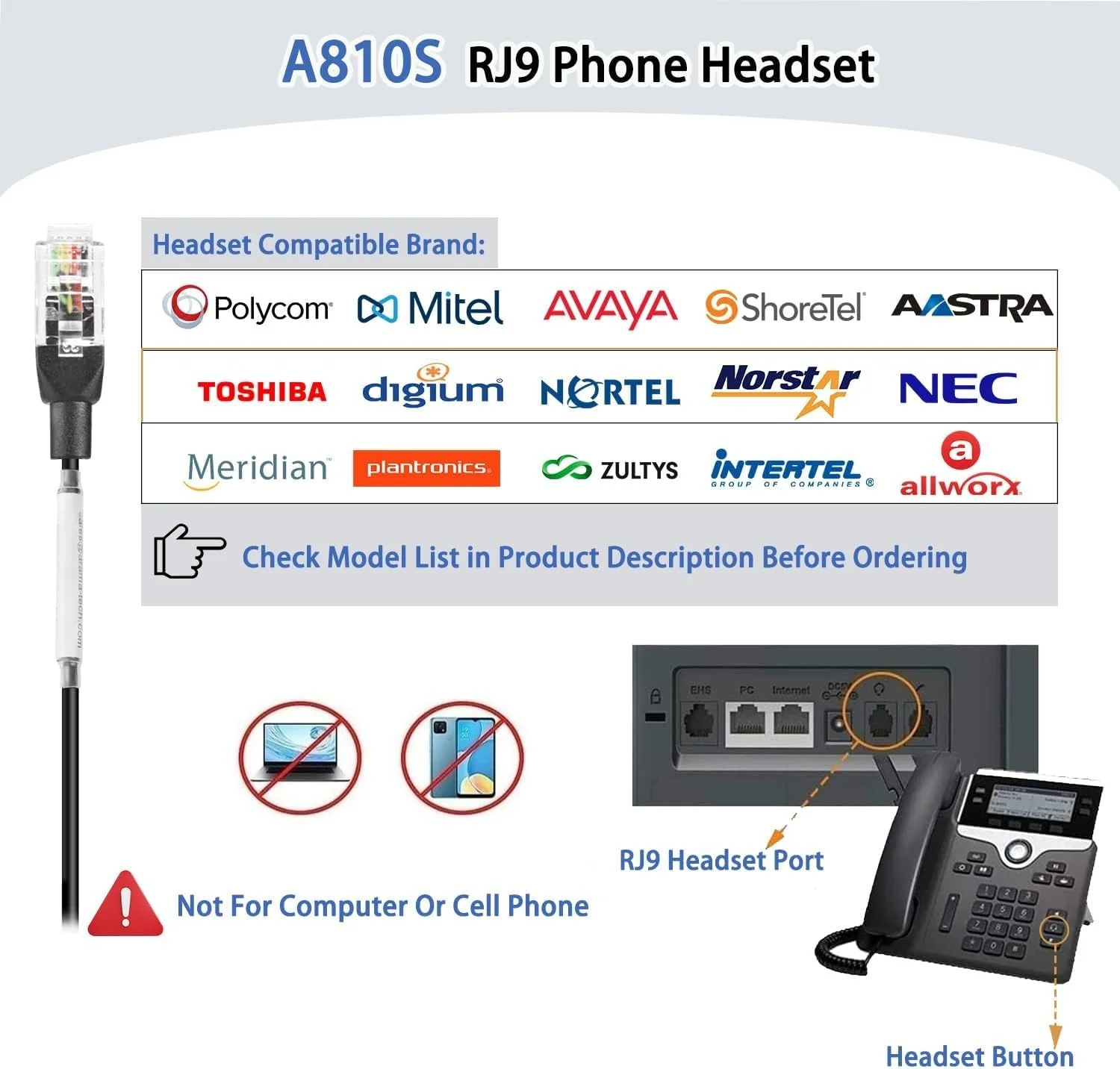 Arama RJ9 Telephone Headset with Noise Canceling Mic & Corded Office Phone Headset Compatible with Polycom Plantronics ShoreTel Toshiba Digium Nortel Landline Phones Monaural A810S1 - Image 2