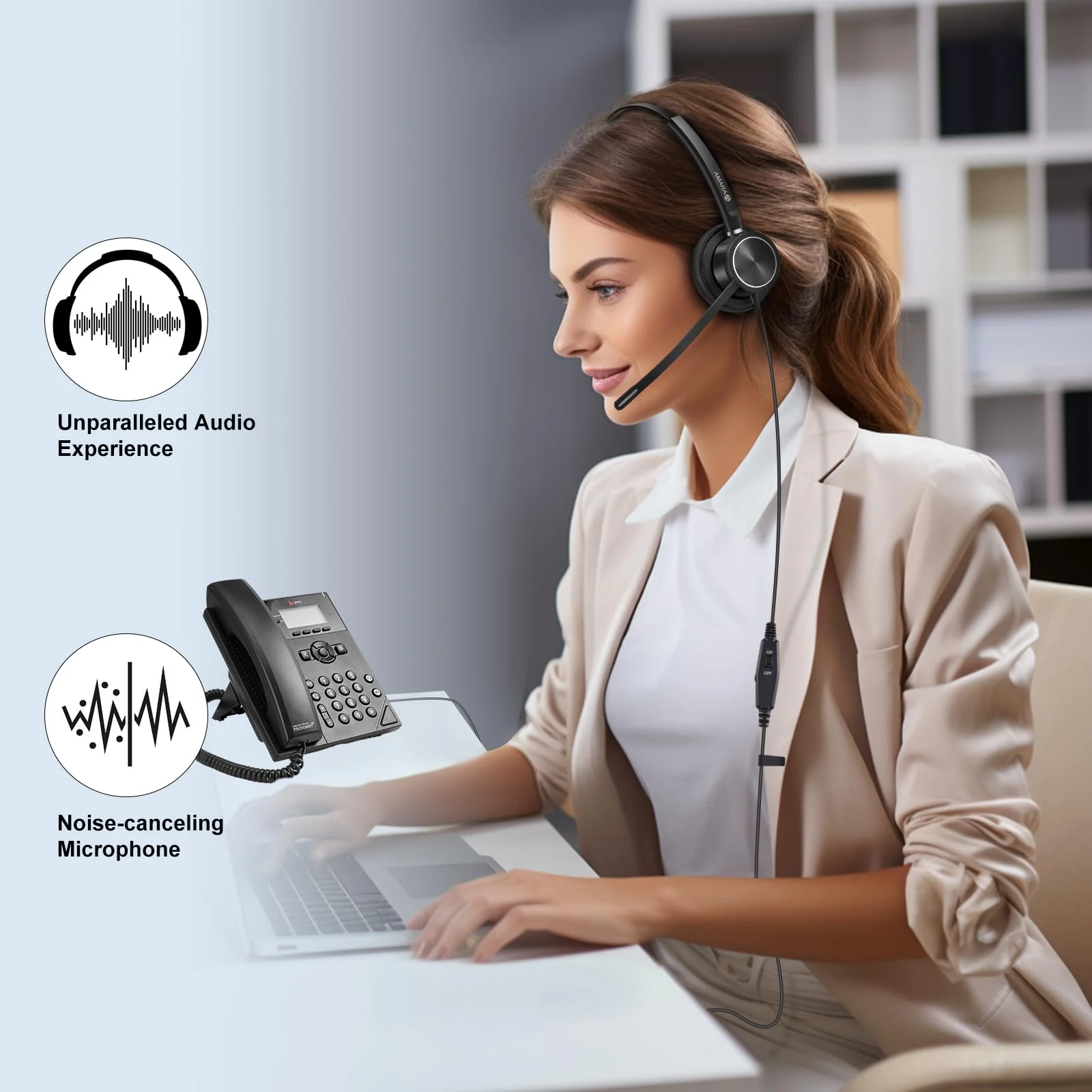 Arama RJ9 Telephone Headset with Noise Canceling Mic & Corded Office Phone Headset Compatible with Polycom Plantronics ShoreTel Toshiba Digium Nortel Landline Phones Monaural A810S1 - Image 3