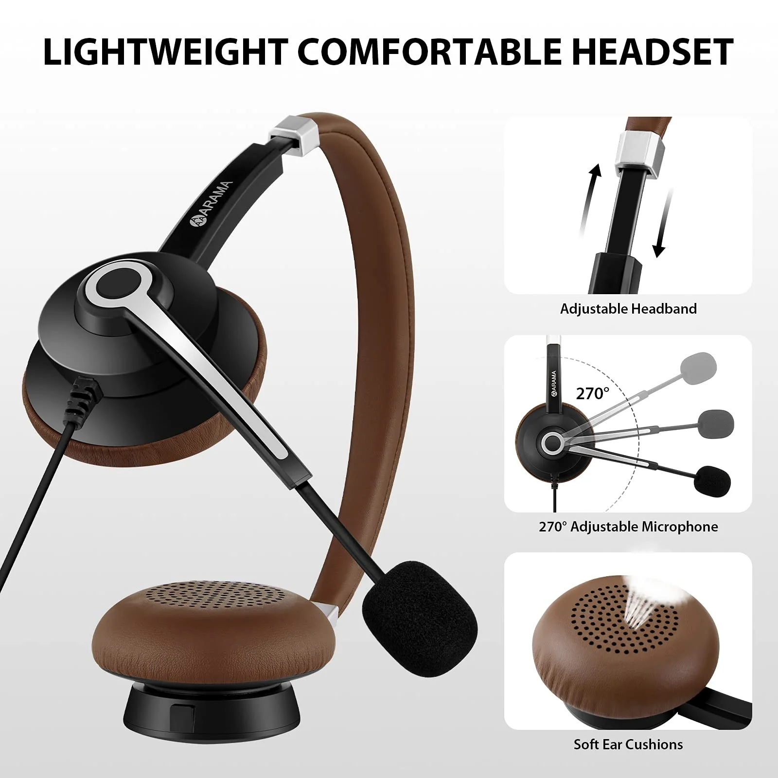Arama USB Headset with Microphone Noise Cancelling & in-line Call Controls, Ultra Comfort 3.5mm Wired Headset for Cell Phone, Computer Headset with Mute for PC Laptop Skype Webinar Home Office Brown - Image 3