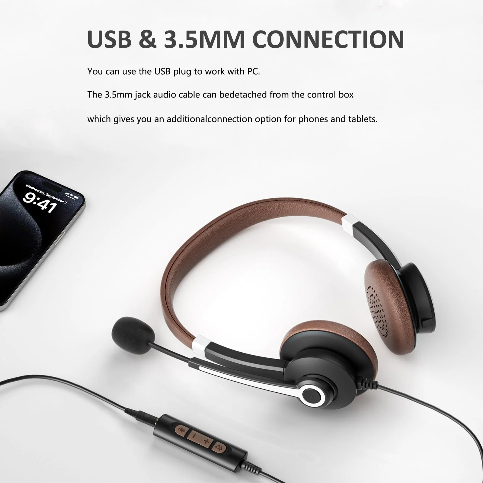 Arama USB Headset with Microphone Noise Cancelling & in-line Call Controls, Ultra Comfort 3.5mm Wired Headset for Cell Phone, Computer Headset with Mute for PC Laptop Skype Webinar Home Office Brown - Image 6