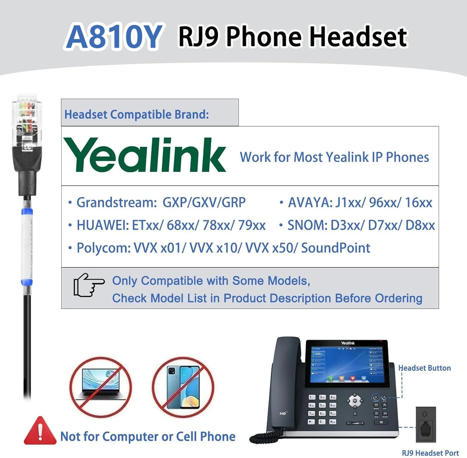 Arama Yealink Headset with Microphone Noise Cancelling, RJ9 Telephone Headsets for Office Phones Compatible with Yealink T20P T21P T26P T23G T46G T48G T42S T46S Avaya 1608 9608 9611 Grandstream Phones A810Y-Monaural - Image 2