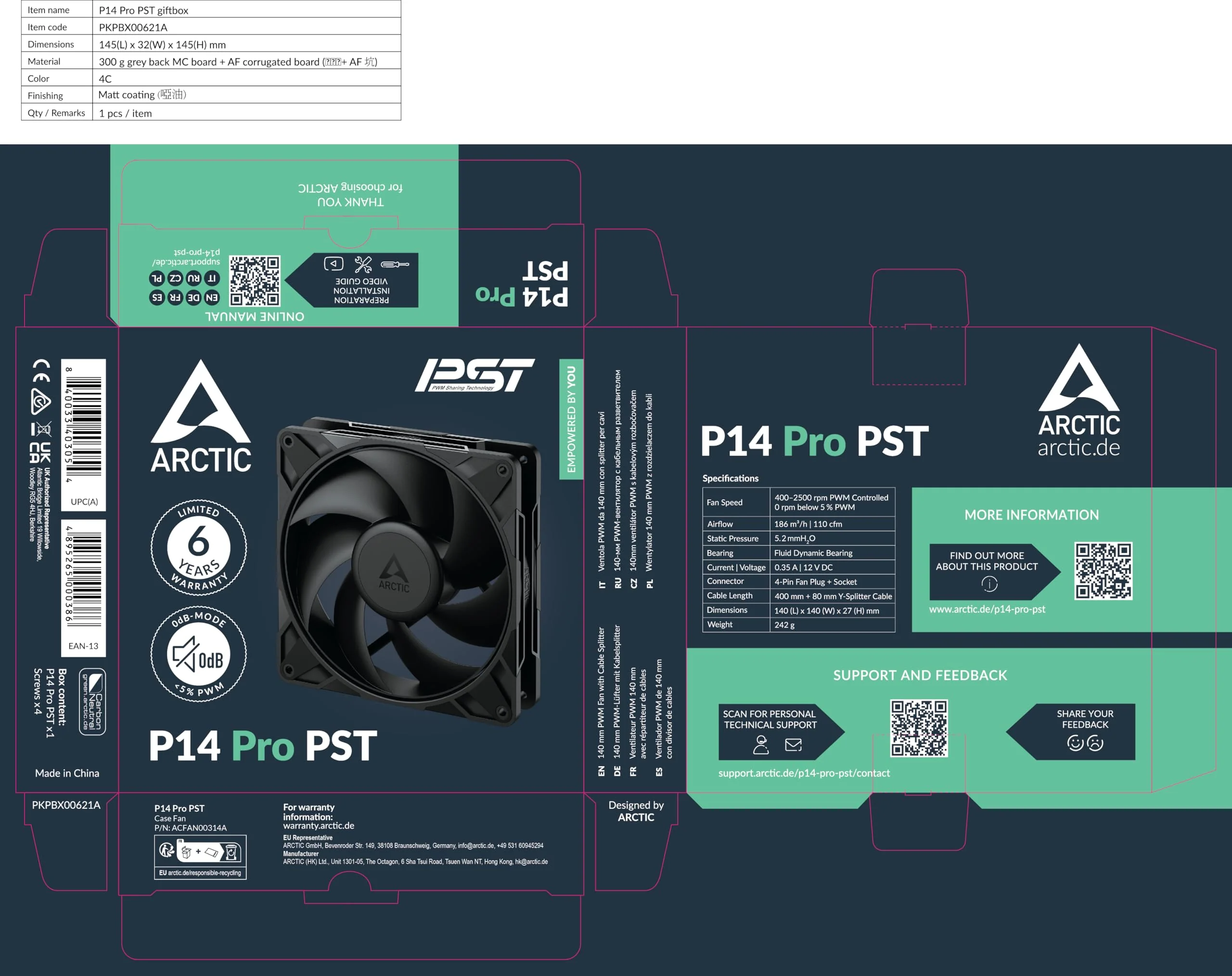 ARCTIC P14 Pro PST - Powerful Premium Fan, 140 mm PWM Fan with Y-Cable Splitter, 400-2500 RPM, 0 RPM <5% PWM, Fluid Dynamic Bearing, 4-Pin - Black - Image 9