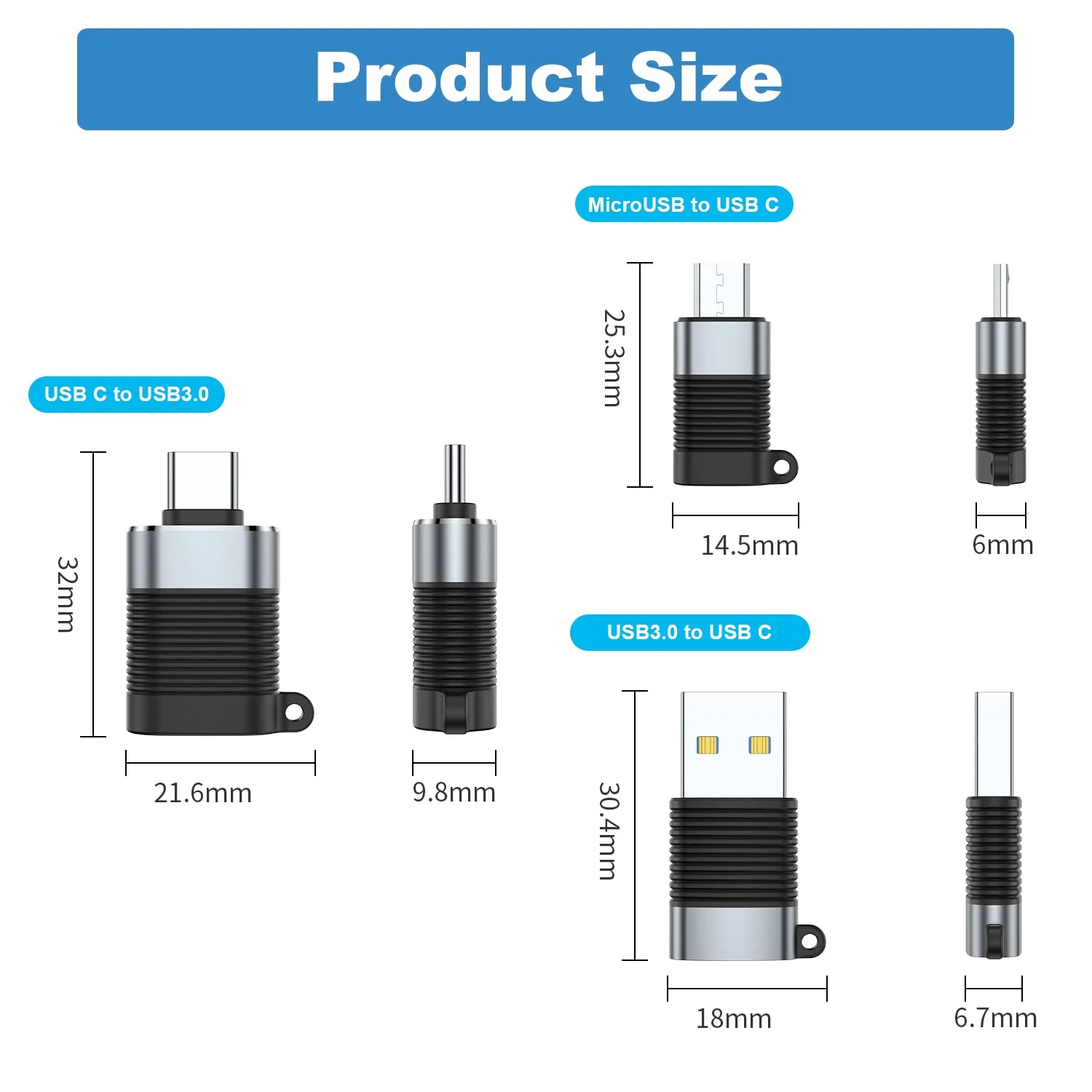 AreMe USB C Adapter (6 Pack), Micro USB Male to USB C Female, USB 3.0 Male to USB C Female, USB Type-C Male to USB 3.0 Female Converter Connector Black and Grey - Image 6