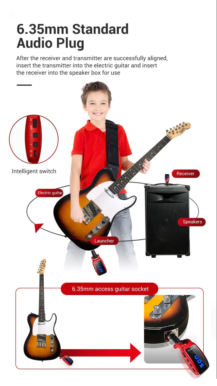 Arklove 1/4 inch Ts Jack 6.35mm mic Microphone Wireless Guitar System Rechargeable Guitar Transmitter Receiver Set Bass Pick Up Accessaries amp (Red) Red - Image 9