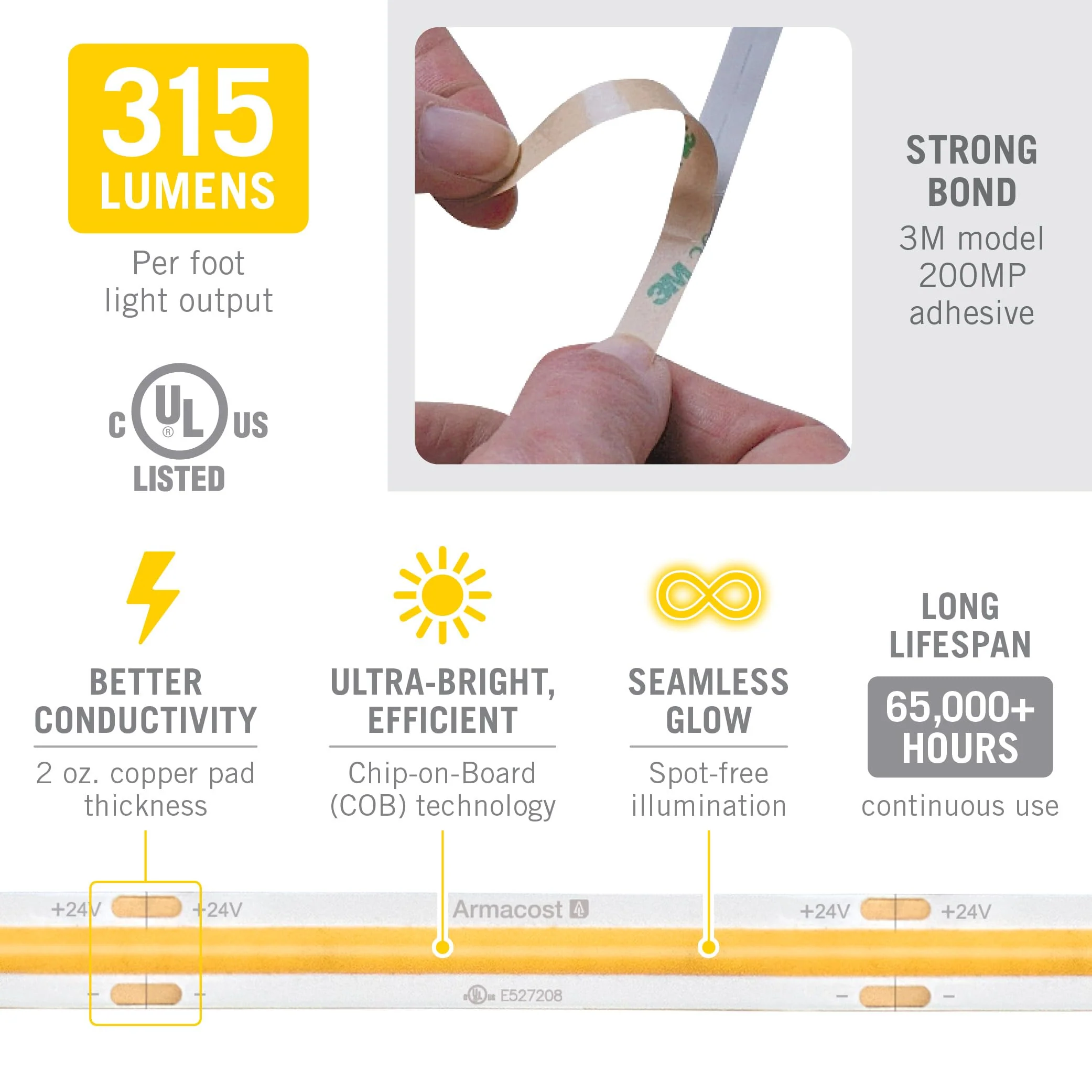 Armacost Lighting RibbonFlex Pro 24V White COB LED Strip Light Tape 2700K, 315 Lumens/Ft, 2.5M 172110 315 lm/ft Warm White 2700K 8.2 ft - Image 6