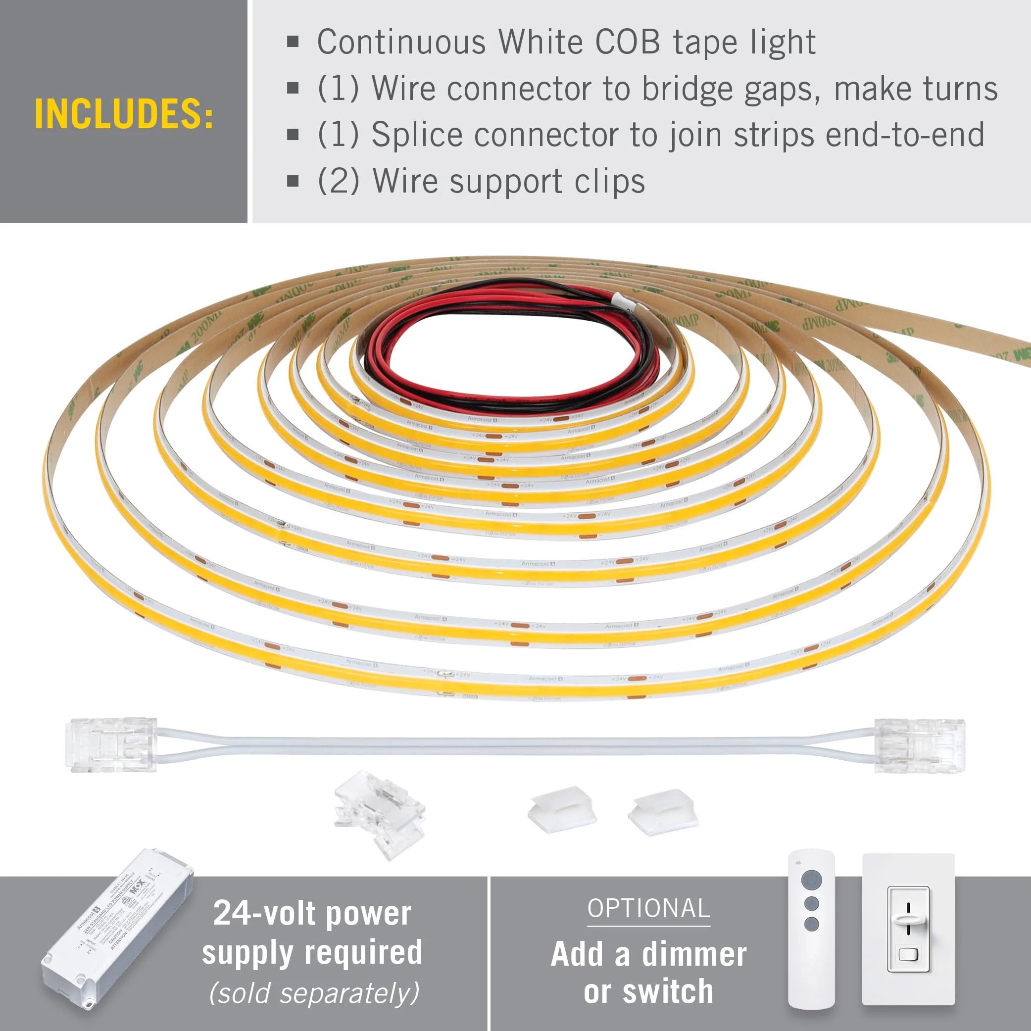 Armacost Lighting RibbonFlex Pro 24V White COB LED Strip Light Tape 3000K, 315 Lumens/Ft, 2.5M 172210 8.2 ft Soft White 3000K - Image 3