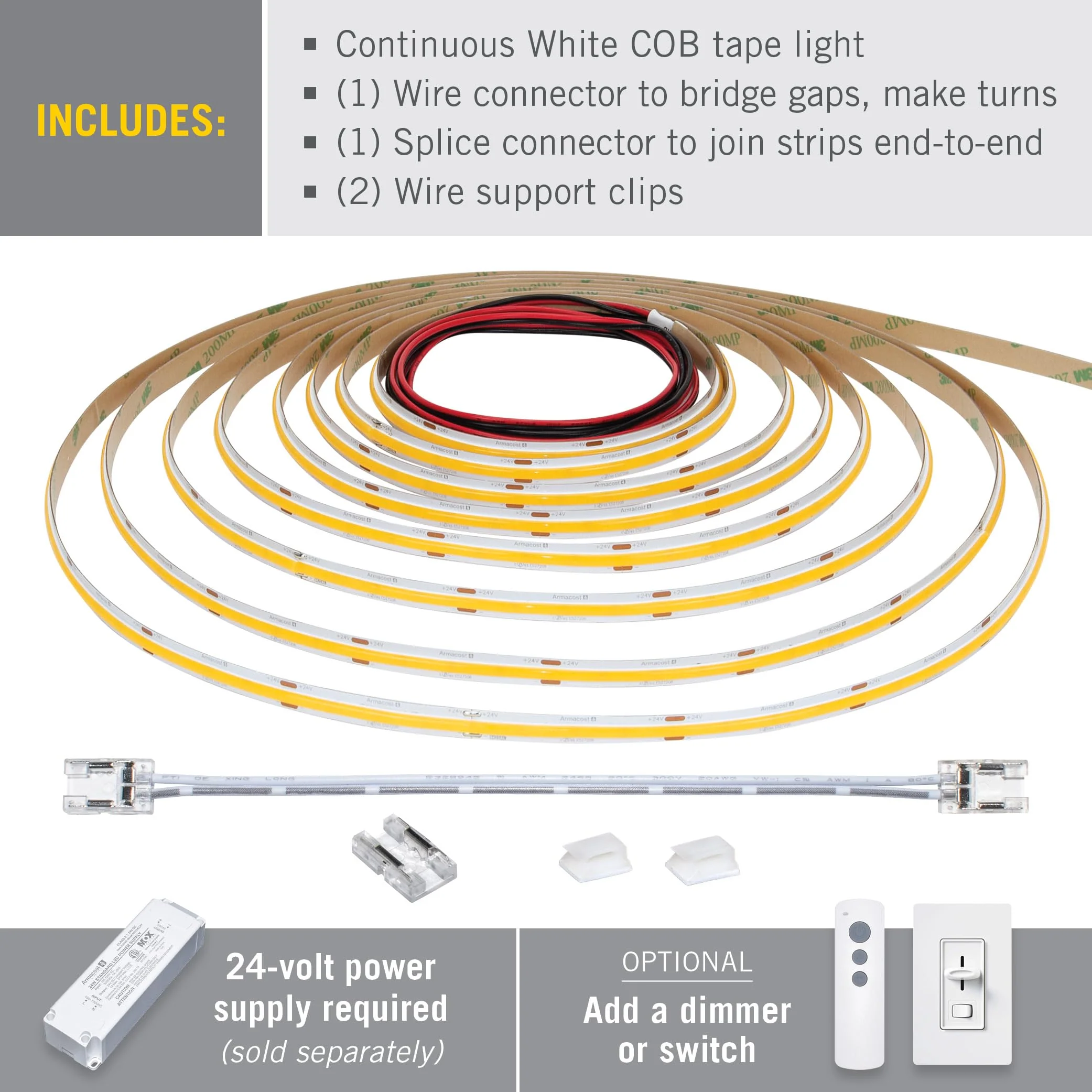 Armacost Lighting RibbonFlex Pro 24V White COB LED Strip Light Tape 4000K, 315 Lumens/Ft, 5M 172330 16.4 ft Bright White 4000K - Image 3