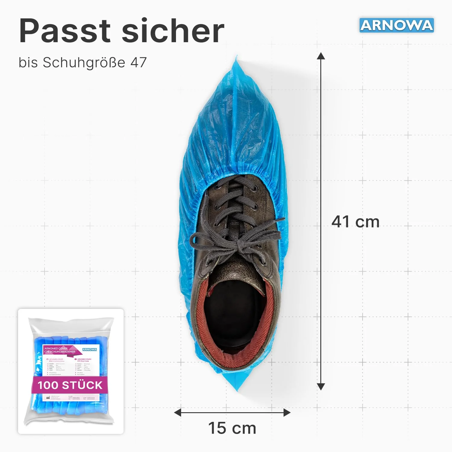 ARNOMED 100 x Disposable Shoe Covers [Waterproof], Galoshes, Shoe Covers Disposable Strong Overshoes Latex-Free, One Size Water and Dustproof, Classic 3 g Strong CPE Material breit Pack of 100 - Image 4
