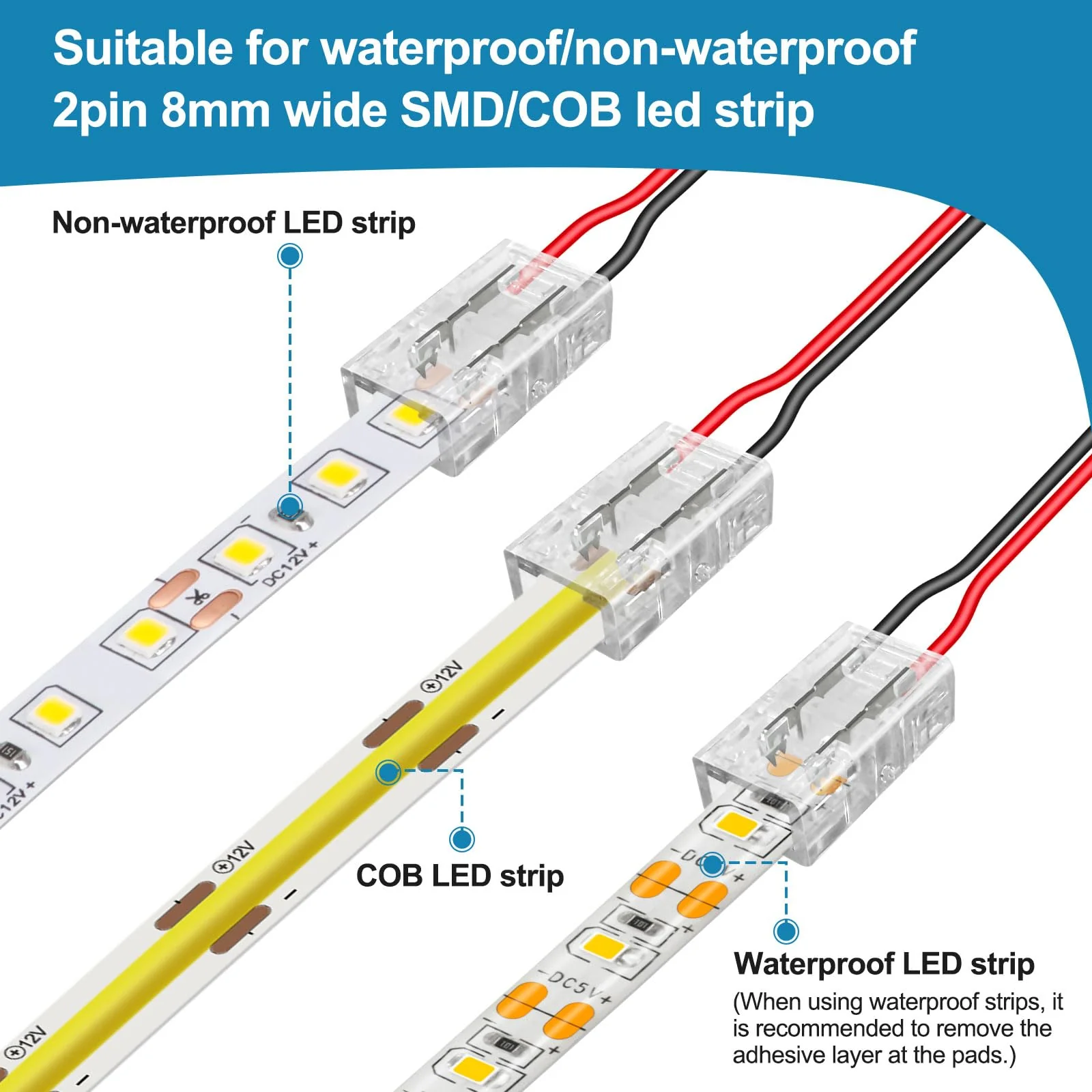 Aroidful 12 x 2 Pin 8 mm COB LED Plug, Solderless Corner Connector for Connecting Strips and Lamp Strips, for 2 Pin 8 mm COB/SMD LED 12 pieces, 2 pin 8 mm - Image 3