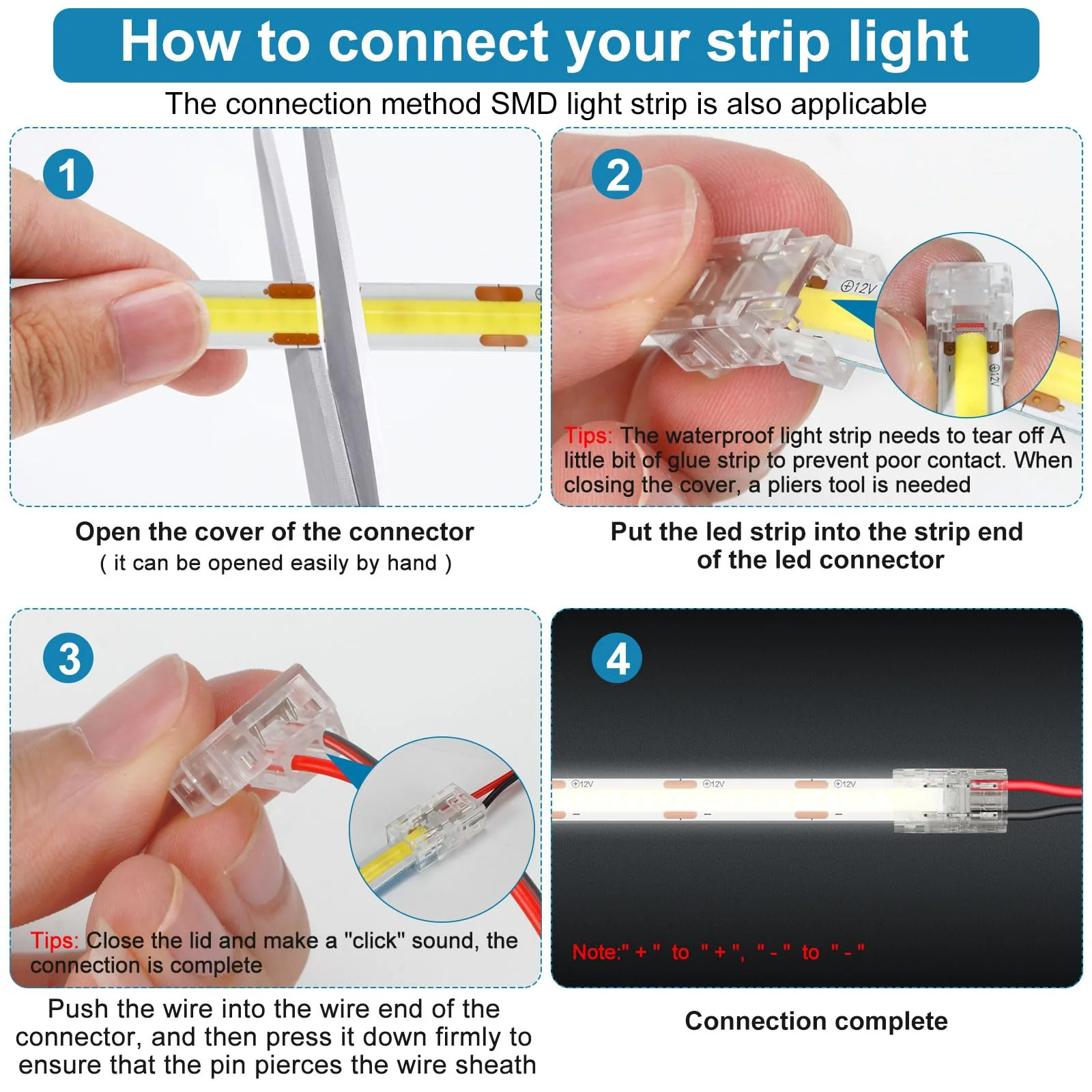 Aroidful 12 x 2 Pin 8 mm COB LED Plug, Solderless Corner Connector for Connecting Strips and Lamp Strips, for 2 Pin 8 mm COB/SMD LED 12 pieces, 2 pin 8 mm - Image 5