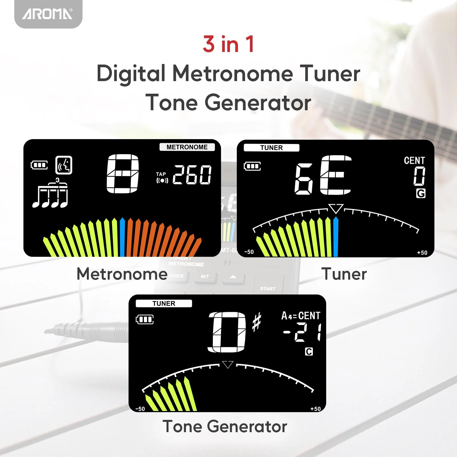 Aroma Digital Metronome Tuner Rechargeable for All Instruments with Guitar Bass Violin Ukulele Chromatic and Wind Instruments Tuning Modes - Image 2