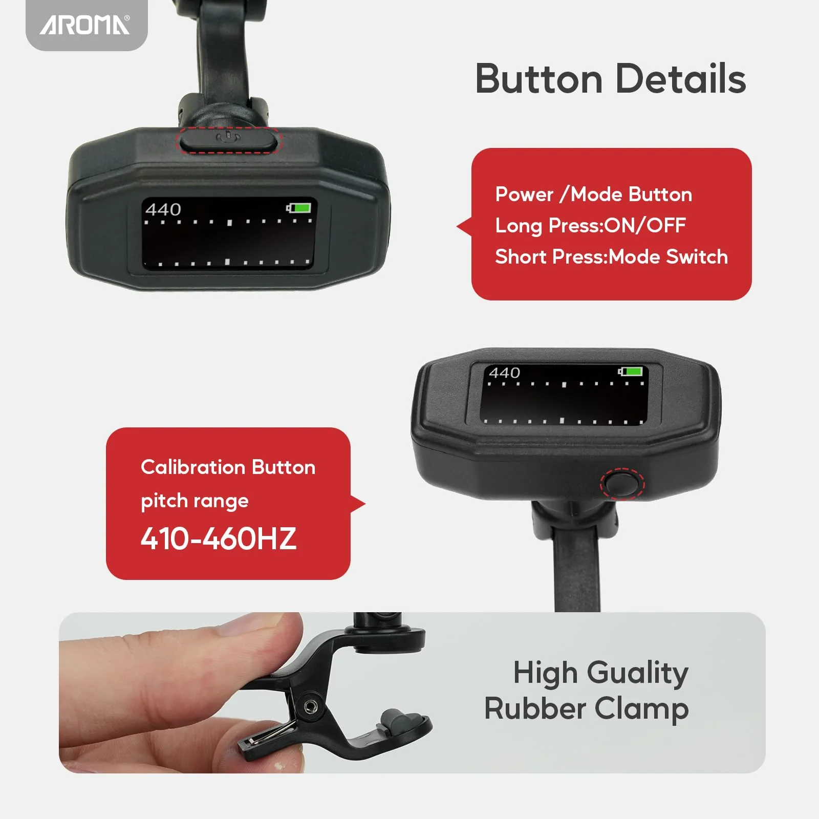 Aroma Guitar Tuner Clip On Rechargeable Chromatic Tuner for Guitar Bass Ukulele Violin Mandolin with TFT Screen Easy to Read in Strong Light - Image 3