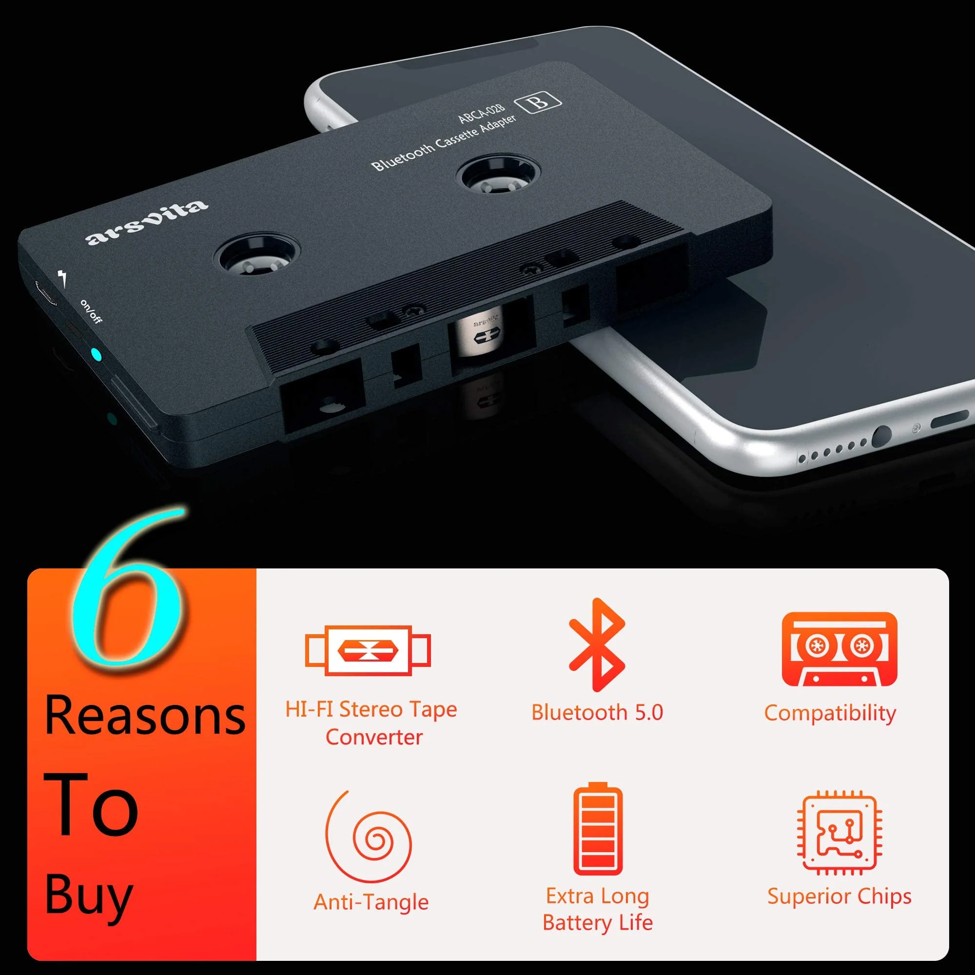 Arsvita Car Audio Bluetooth Cassette Adapter, Tape Player Bluetooth 5.0 Cassette Aux Adapter, White - Image 2