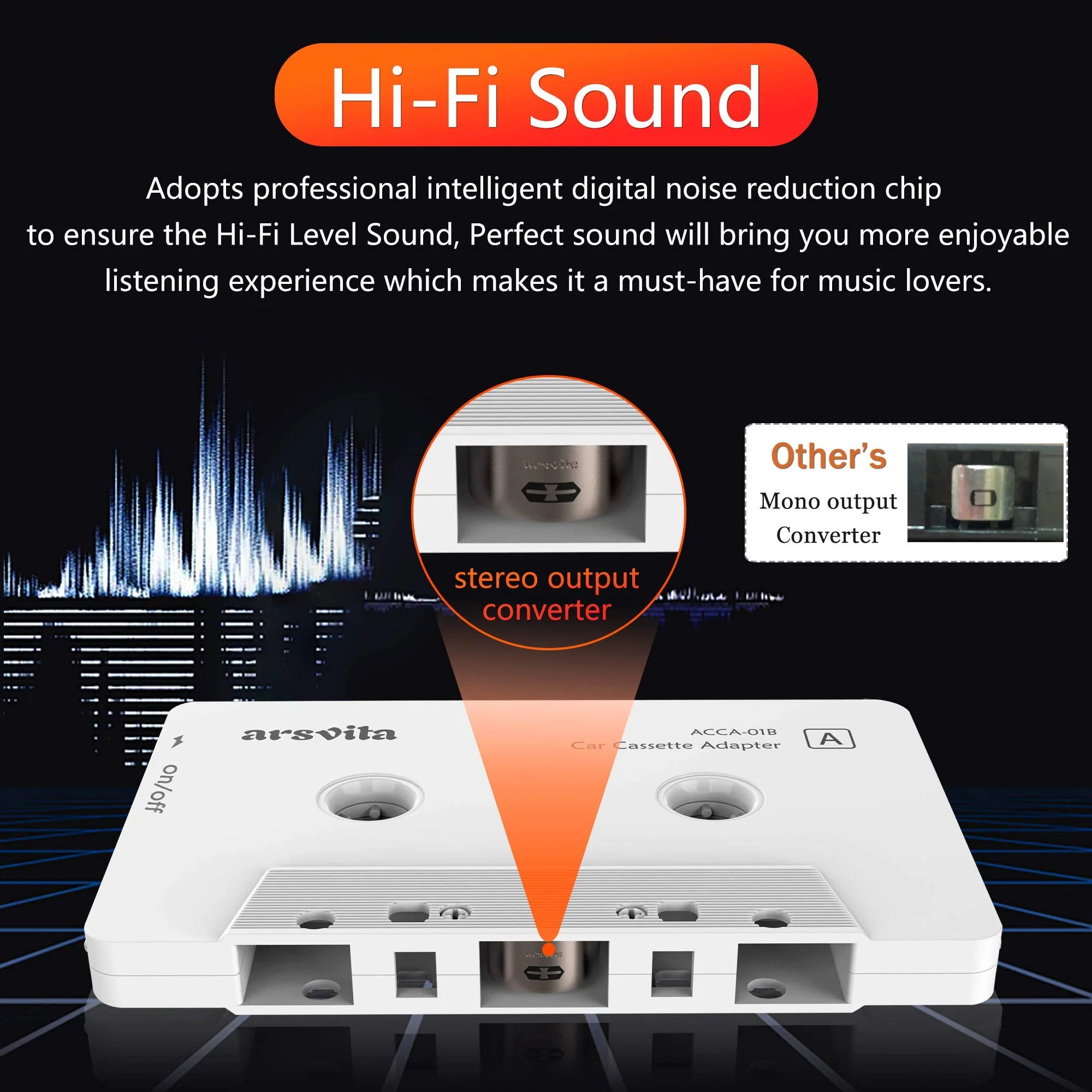 Arsvita Car Audio Bluetooth Cassette Adapter, Tape Player Bluetooth 5.0 Cassette Aux Adapter, White - Image 3