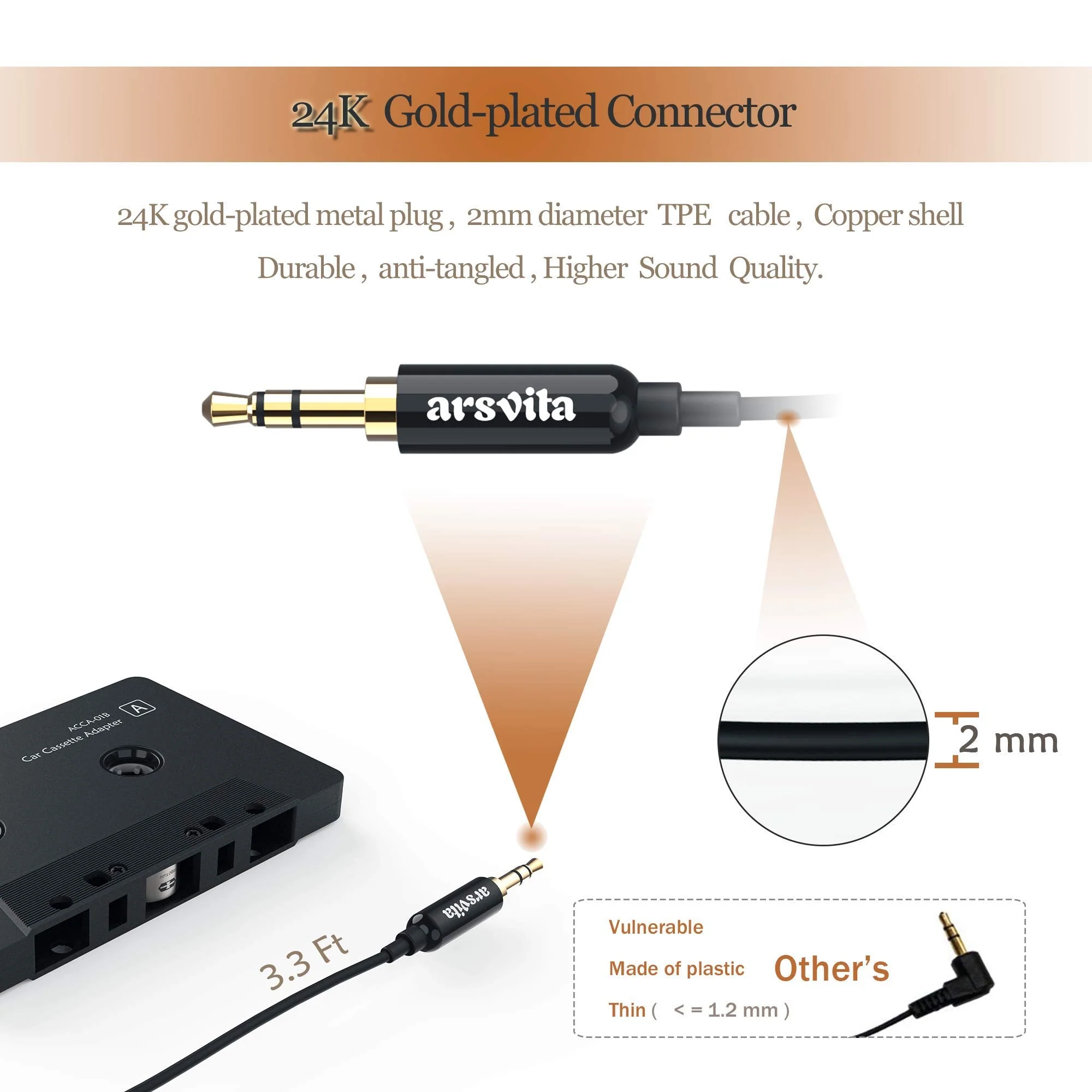 Arsvita Car Audio Cassette to Aux Adapter , 3.5 MM Auxillary Cable Tape Adapter - Image 3