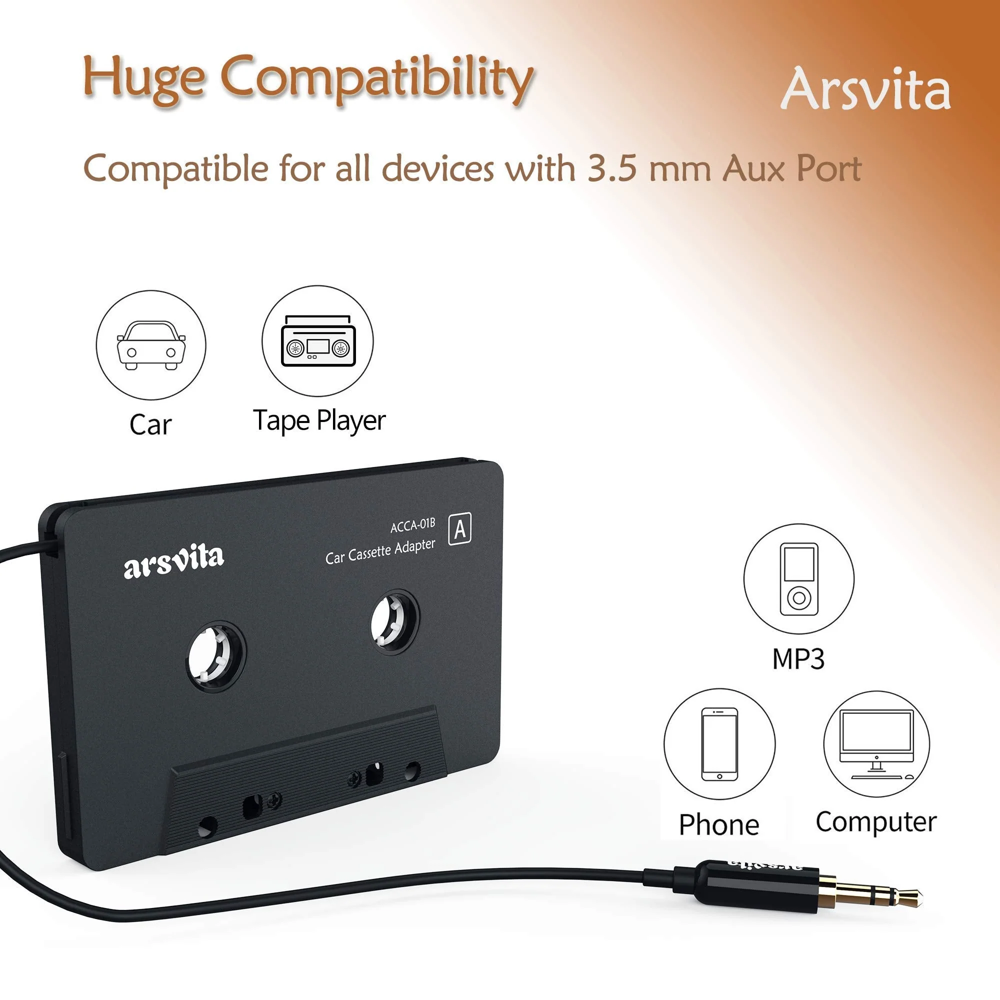 Arsvita Car Audio Cassette to Aux Adapter , 3.5 MM Auxillary Cable Tape Adapter - Image 5