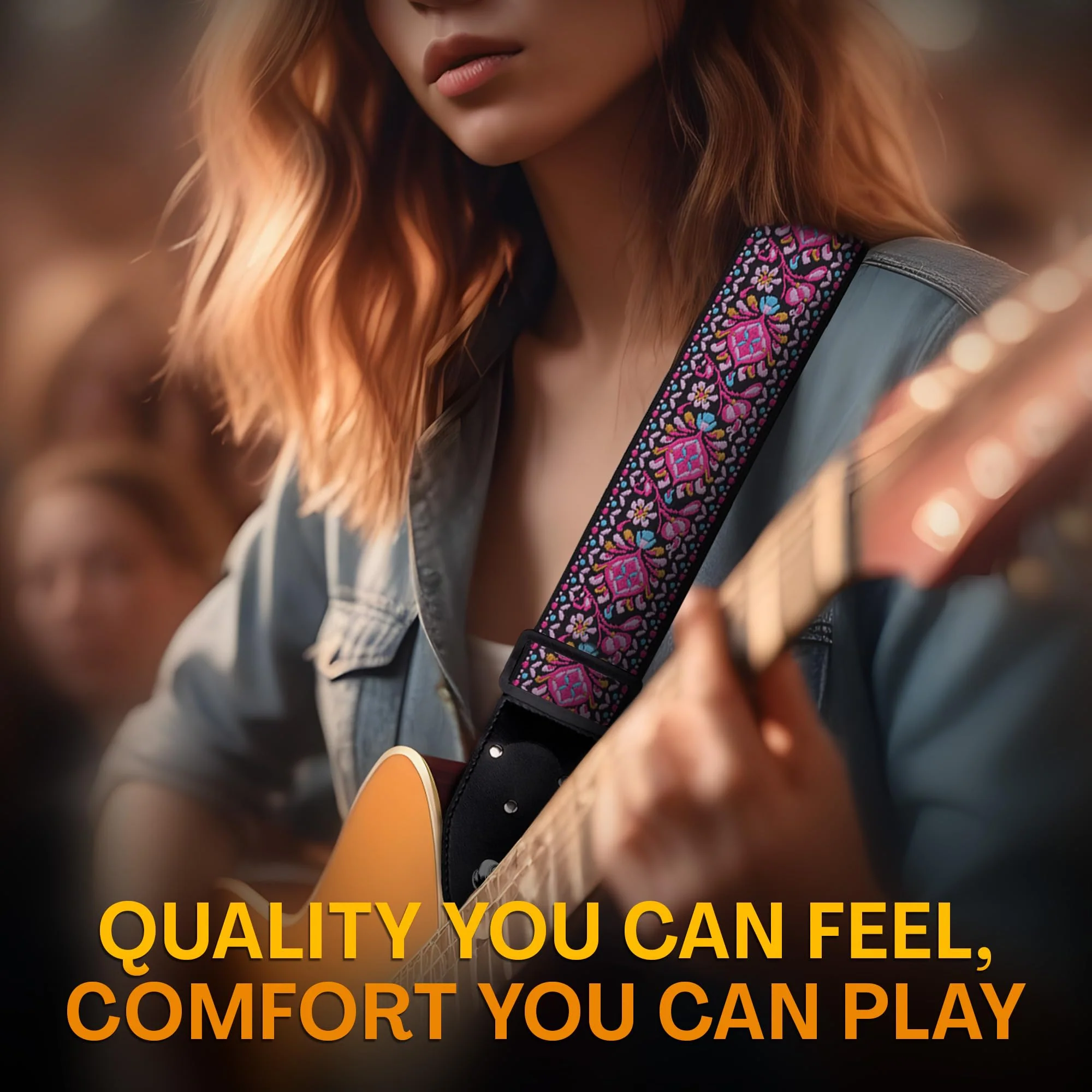 Art Tribute Guitar Strap For Acoustic, Electric and Bass Guitar, Adjustable Pink Woven Strap W/FREE BONUS 2 Picks + Strap Locks + Strap Button. Gift Set For Men & Women Guitar Players Non Personalized - Image 5
