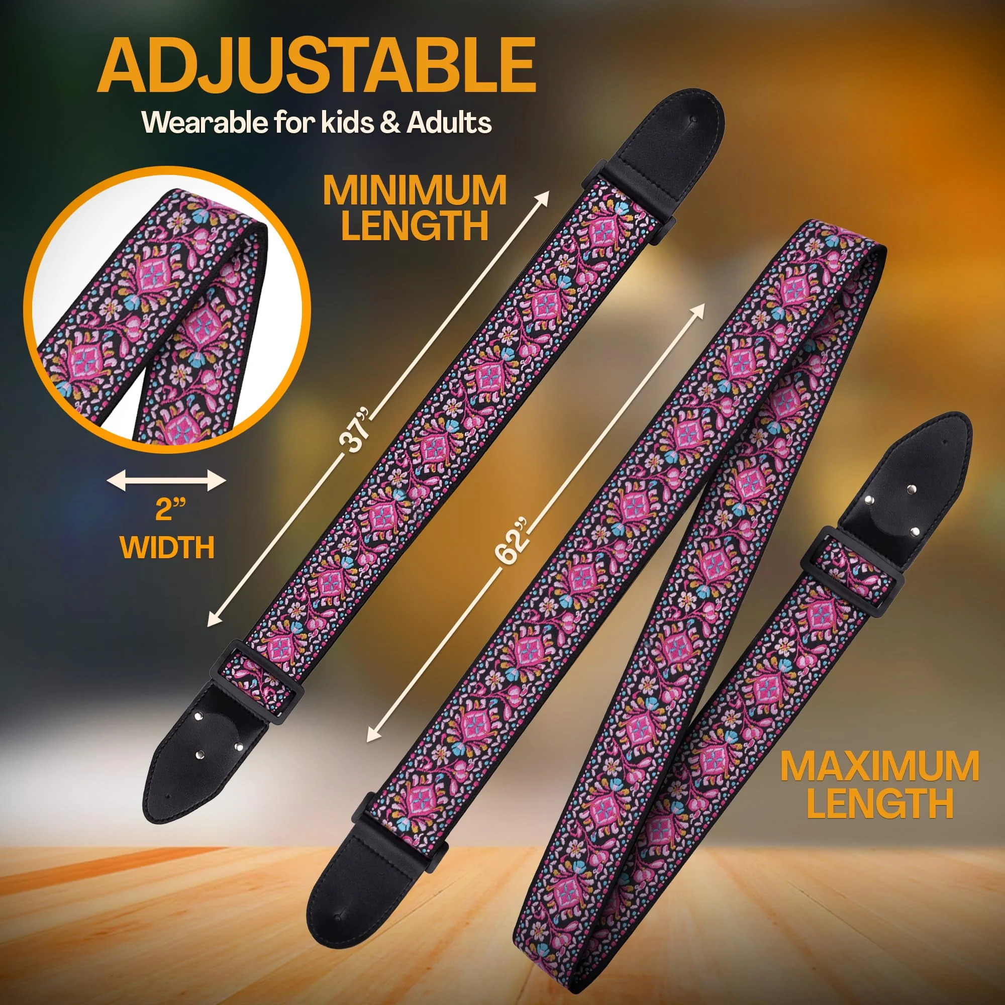 Art Tribute Guitar Strap For Acoustic, Electric and Bass Guitar, Adjustable Pink Woven Strap W/FREE BONUS 2 Picks + Strap Locks + Strap Button. Gift Set For Men & Women Guitar Players Non Personalized - Image 6