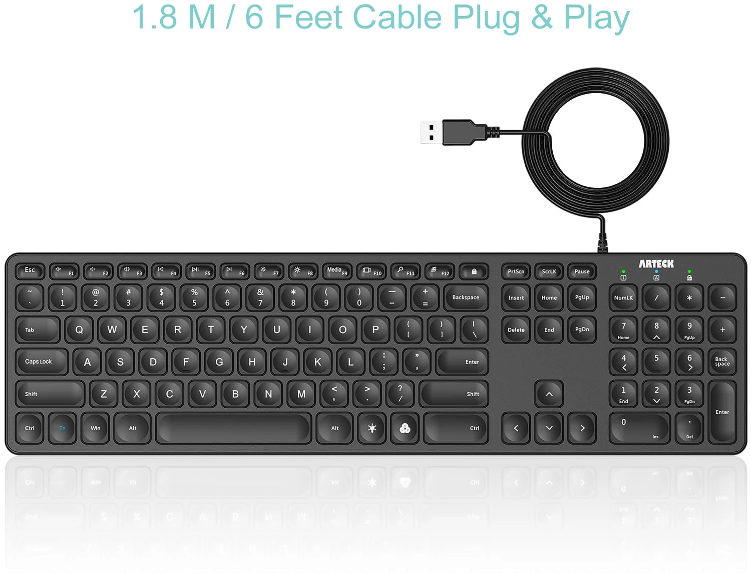 Arteck Backlit USB Wired Full Size Keyboard with Media Hotkey for PC and Laptop - Image 2