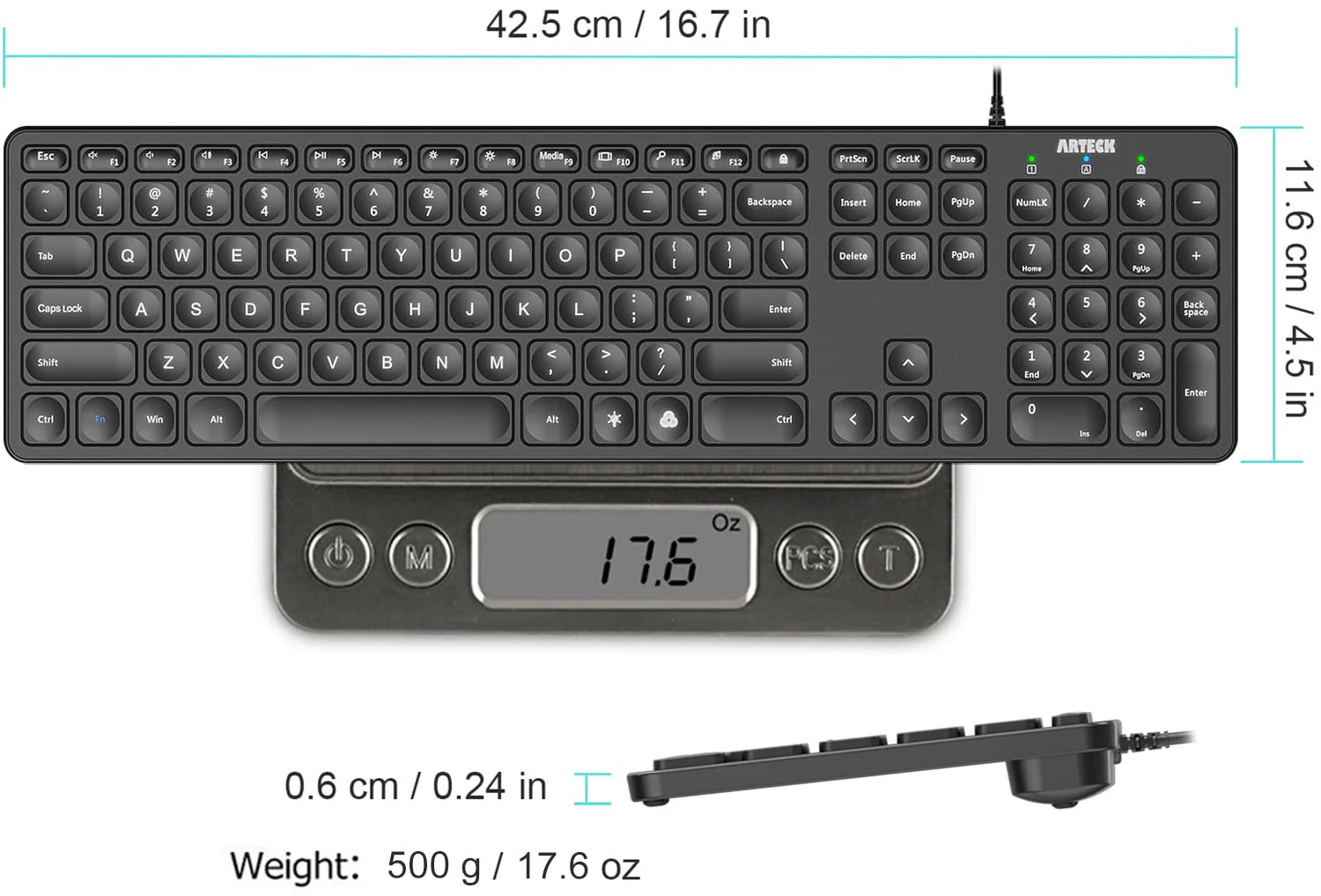 Arteck Backlit USB Wired Full Size Keyboard with Media Hotkey for PC and Laptop - Image 4