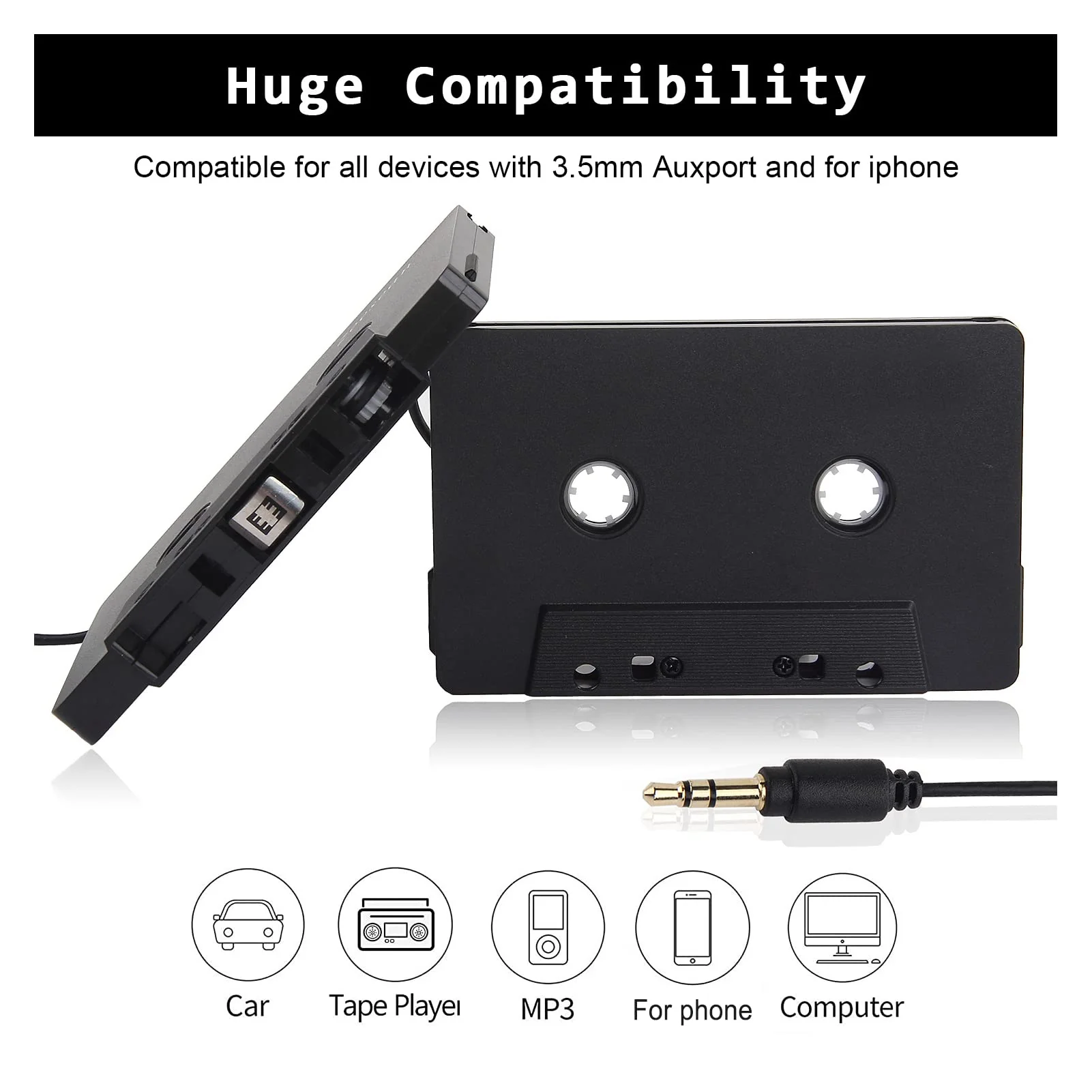 ASHATA Car Audio Cassette Adapter, 3.5mm Auxillary Cable Cassette Receiver,Stereo Audio Tape Converter, Cassette Tape to Aux Adapter,for Vintage Car,Radio - Image 3
