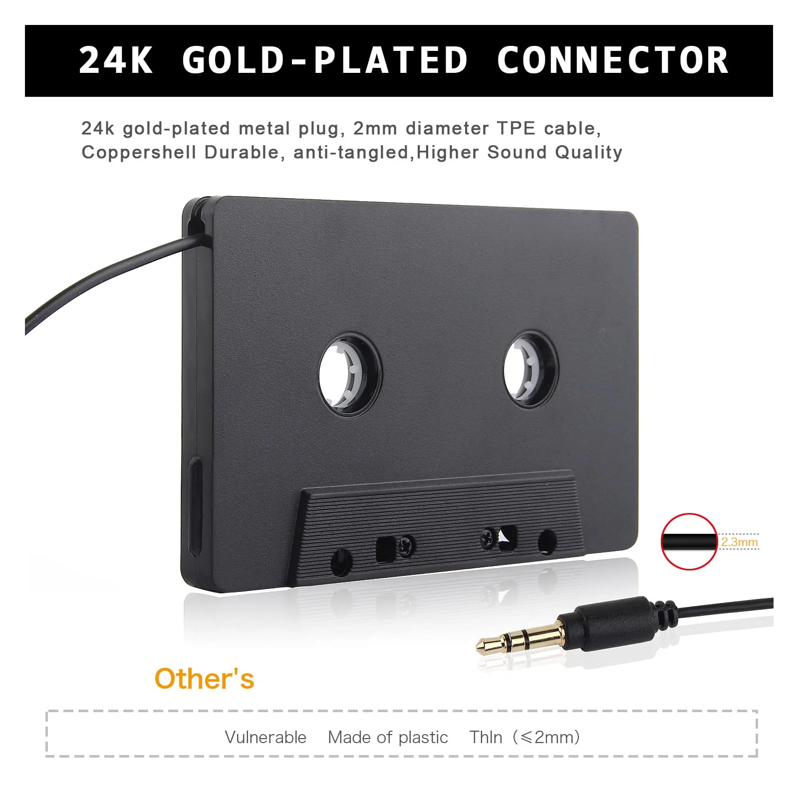 ASHATA Car Audio Cassette Adapter, 3.5mm Auxillary Cable Cassette Receiver,Stereo Audio Tape Converter, Cassette Tape to Aux Adapter,for Vintage Car,Radio - Image 4