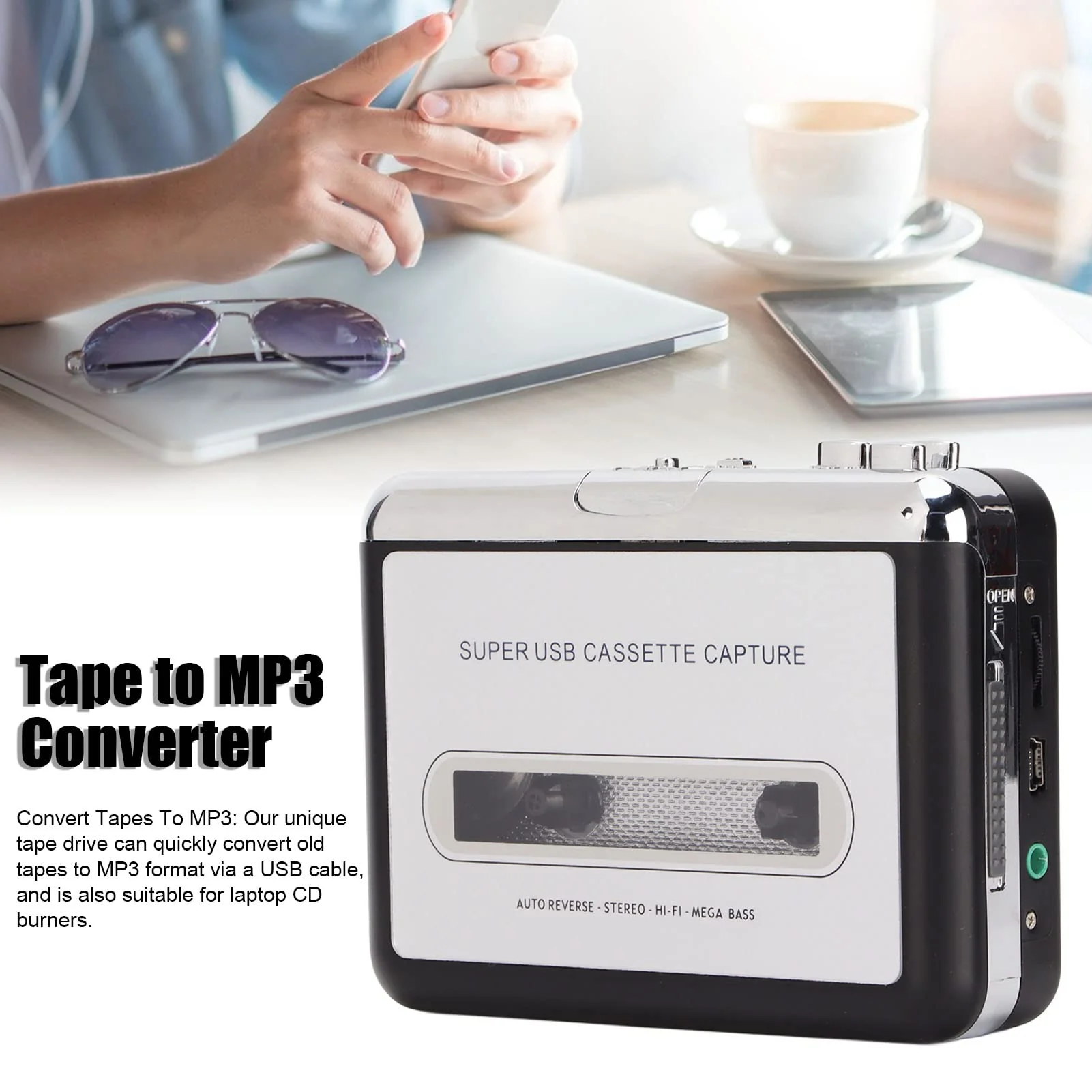 ASHATA Cassette to MP3 Converter Player, Portable Cassette Player with Headphones, 3.5mm Audio Jack, Convert Tapes to MP3 Cassette Tape Player for Laptop PC Car EC218 - Image 3