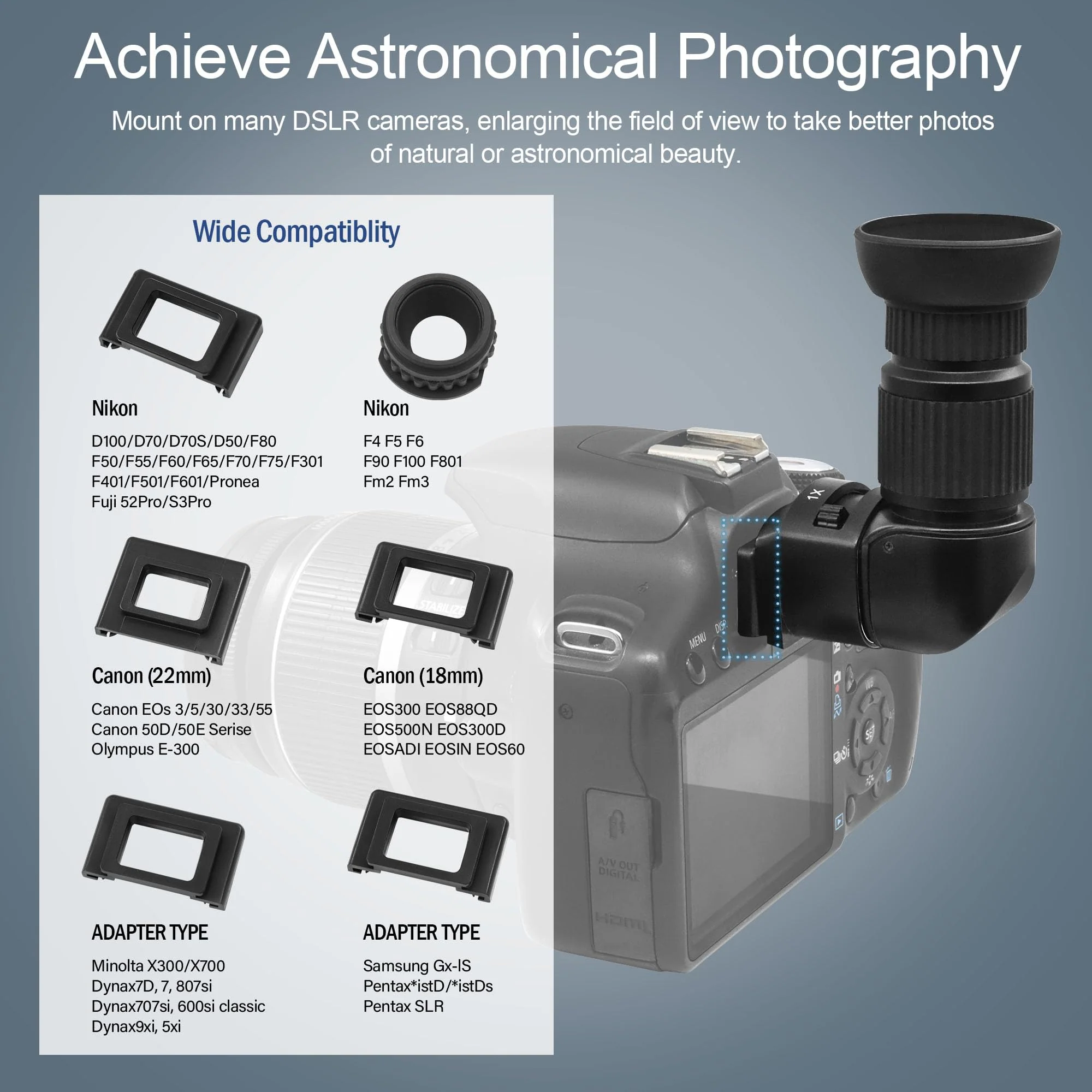 Astromania 1X/2.5X Magnification Right Angle Viewfinder with 6 Mounting Adapters for DSLR Camera Such as Canon, Nikon, Pentax, Minolta, Dynax, Samsung, Olympus - Image 4