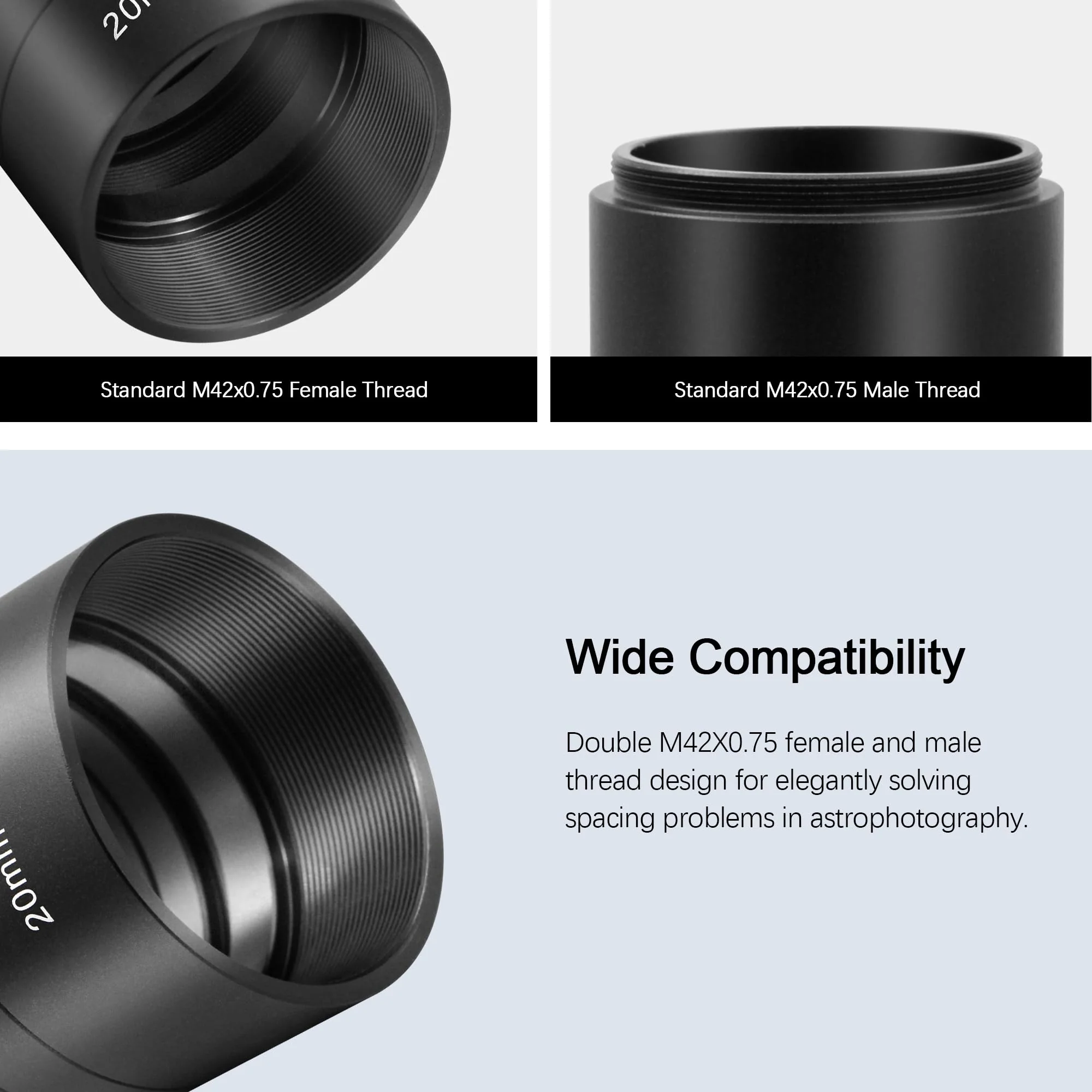 Astromania Extension Tube, T2 Extension Tube Kit with M42x0.75 on Both Sides - Length 8mm 15mm 20mm 40mm, Telescope Photo Adapter Astrophotography Accessories Fit for M42 T2 T Ring DSLR/SLR Cameras - Image 3