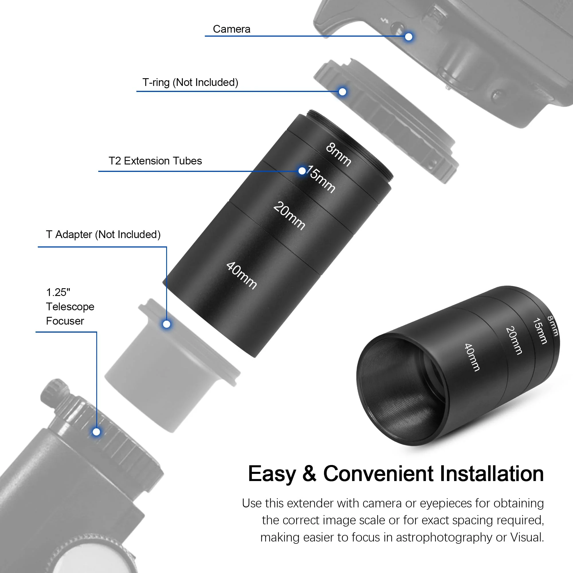 Astromania Extension Tube, T2 Extension Tube Kit with M42x0.75 on Both Sides - Length 8mm 15mm 20mm 40mm, Telescope Photo Adapter Astrophotography Accessories Fit for M42 T2 T Ring DSLR/SLR Cameras - Image 4