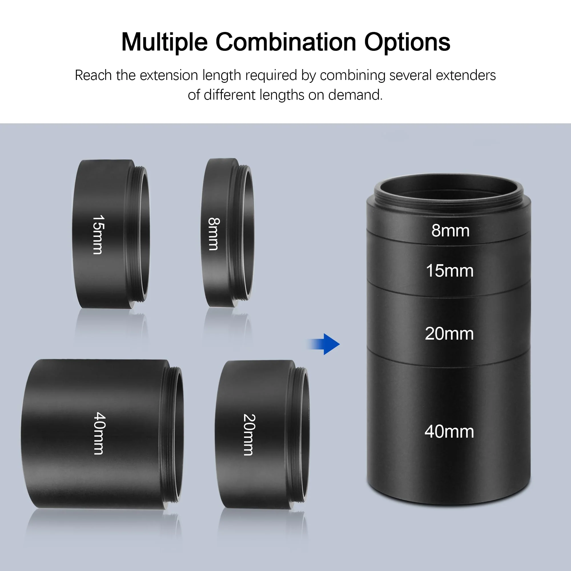 Astromania Extension Tube, T2 Extension Tube Kit with M42x0.75 on Both Sides - Length 8mm 15mm 20mm 40mm, Telescope Photo Adapter Astrophotography Accessories Fit for M42 T2 T Ring DSLR/SLR Cameras - Image 5
