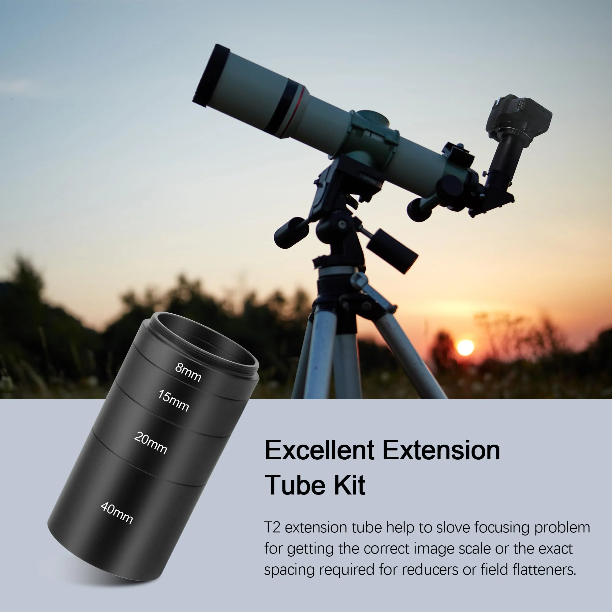 Astromania Extension Tube, T2 Extension Tube Kit with M42x0.75 on Both Sides - Length 8mm 15mm 20mm 40mm, Telescope Photo Adapter Astrophotography Accessories Fit for M42 T2 T Ring DSLR/SLR Cameras - Image 7