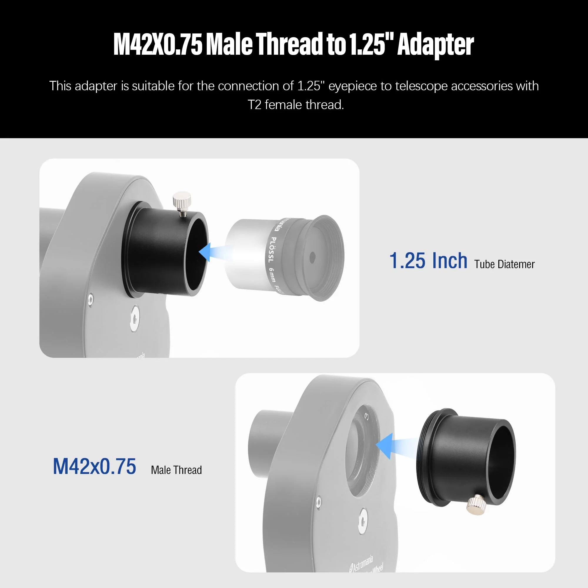 Astromania M42X0.75 Male Thread to 1.25" Adapter - converts from the T-2 Internal Thread to the Standard 1.25" Barrel Dimension - Image 3
