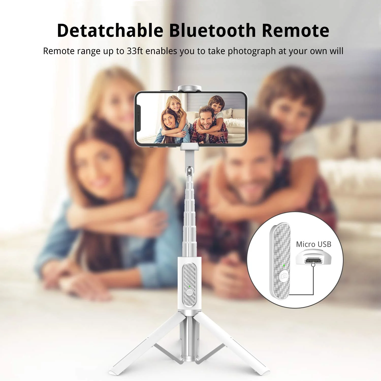 ATUMTEK Selfie Stick Tripod, Extendable 3 in 1 Aluminum Bluetooth Selfie Stick with Wireless Remote and Tripod Stand for iPhone 16/15/14/13/12/11 Pro Max/XS Max/XS/XR/X/8/7, Samsung Smartphones White - Image 4