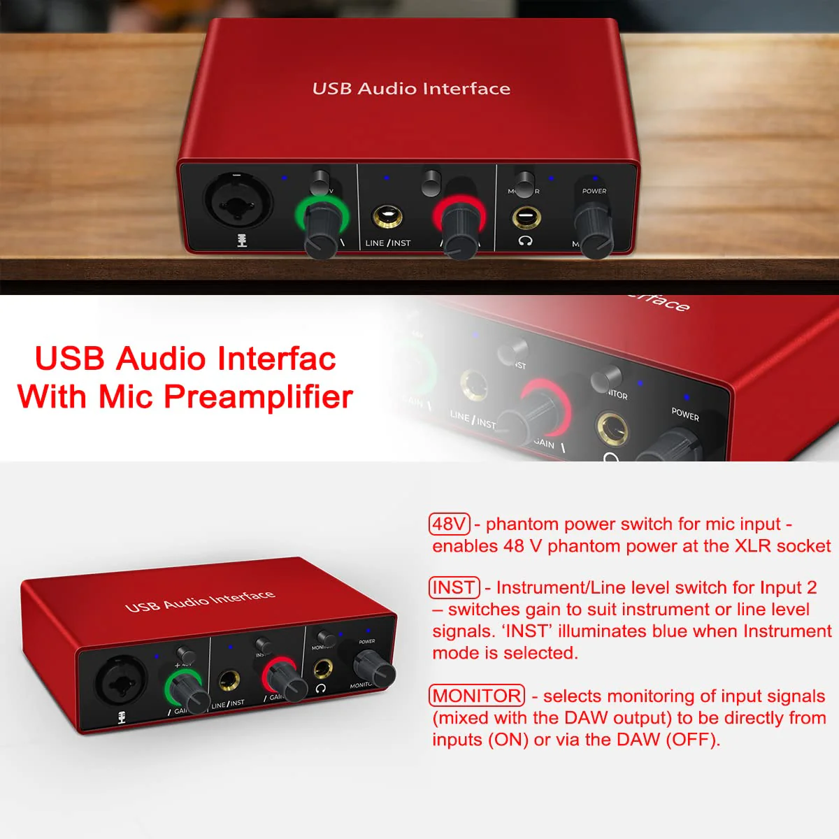 Audio Interface Audio Interface for PC USB Interface mixer recorder with 48V Phantom Power 24 Bit Support Table Mac OS PC Audio Equipments & Music Instruments (No DAW include) - Image 4
