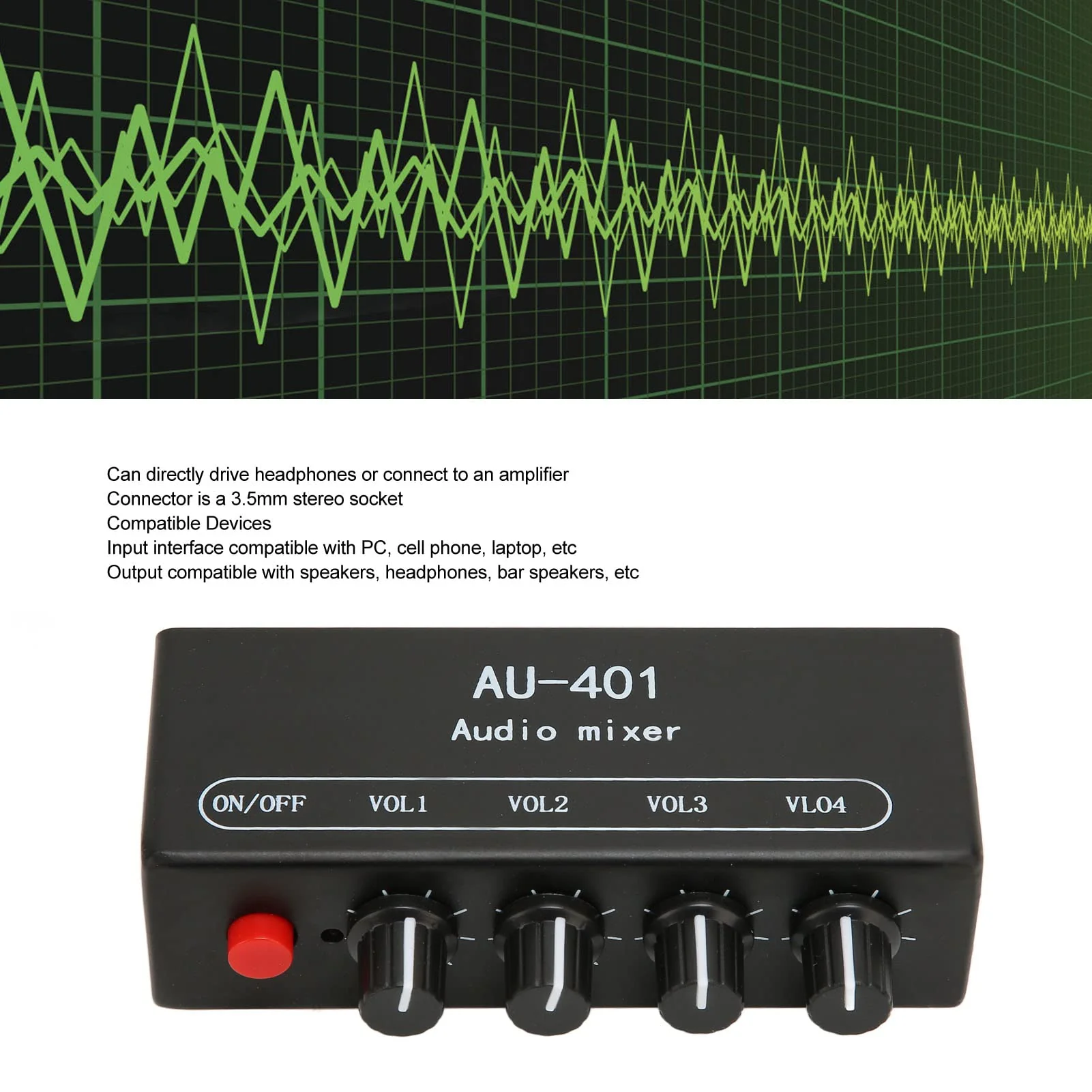 Audio Mixer, 4 in 1 Out Independent Volume Control 3.5mm Stereo Socket 2x Amplification Line Mixer Anti Interference Metal Housing Mini Audio Mixer for PC, Cell Phones, Laptops - Image 2